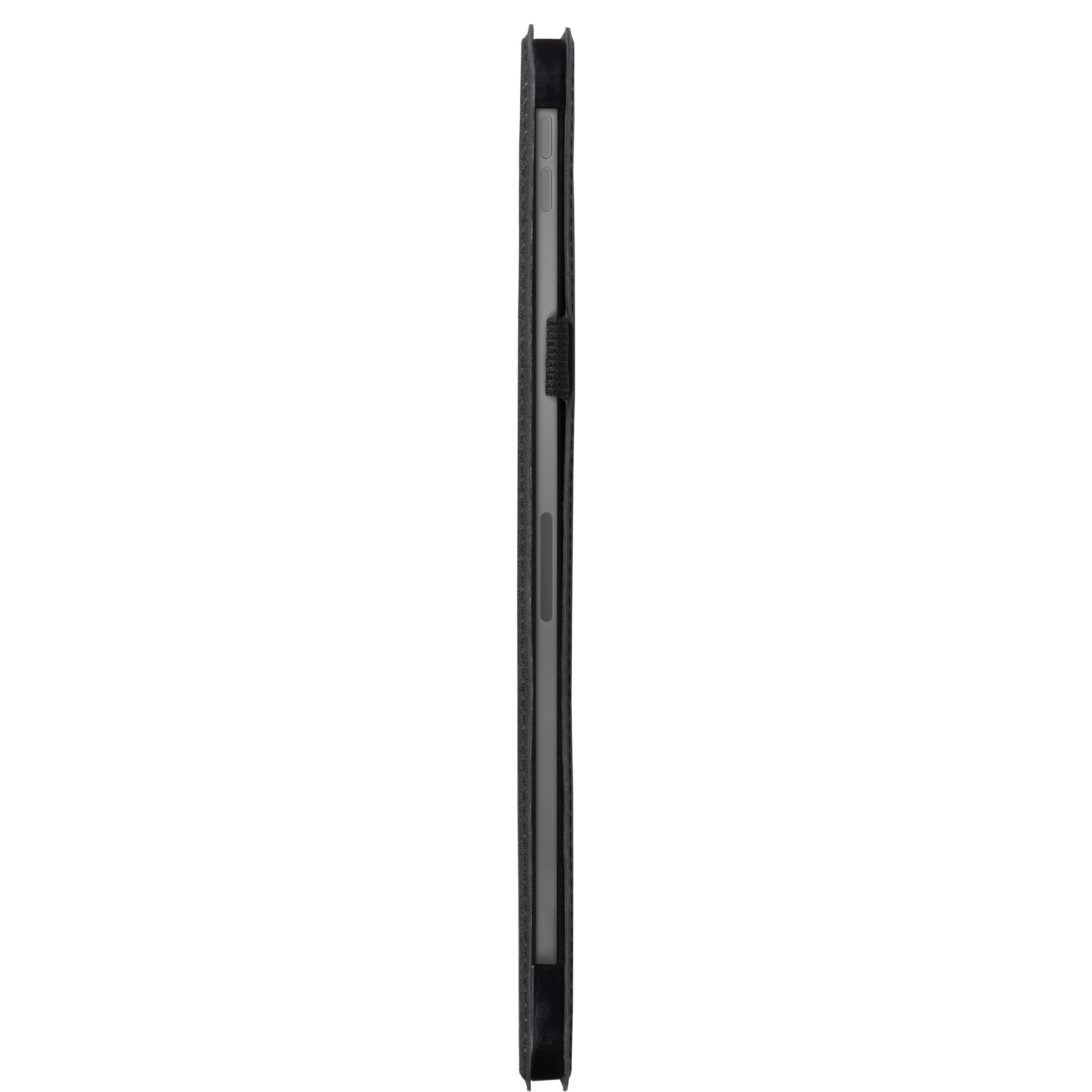 Custodia per tablet nera, vista laterale.