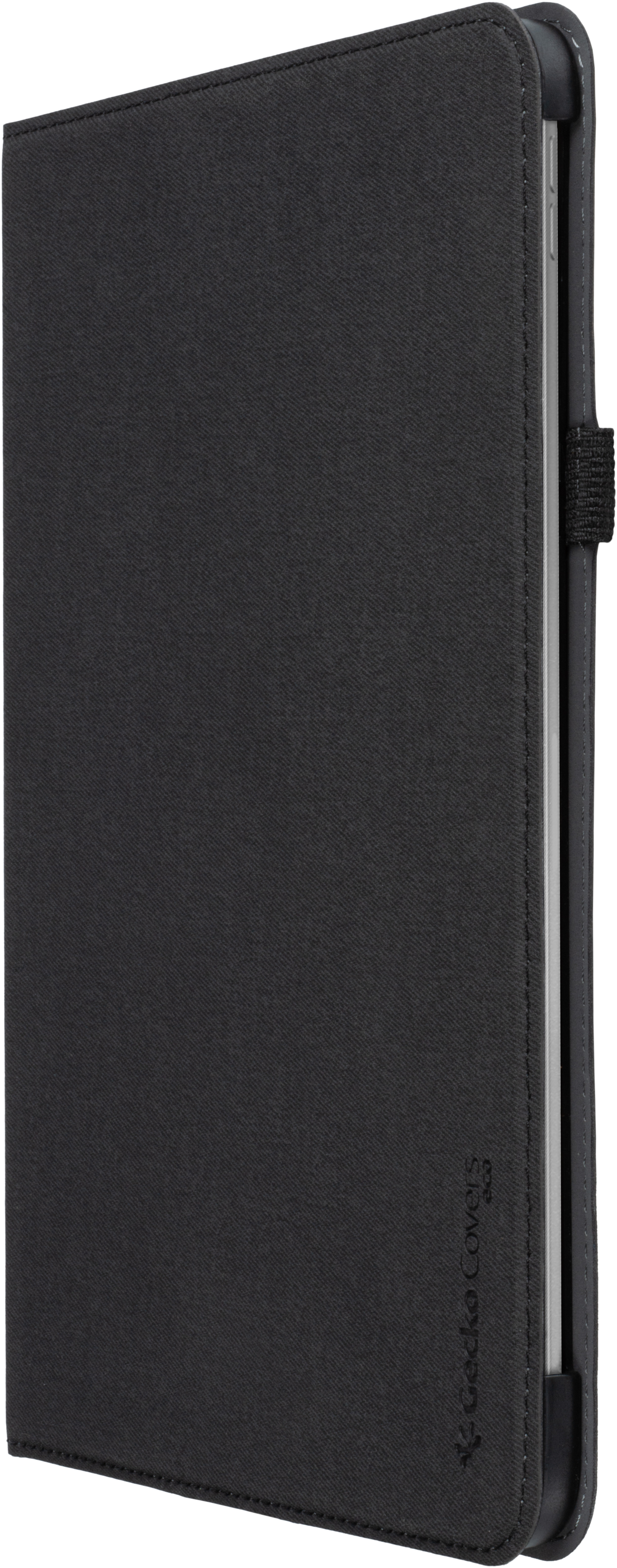 Tablet nero in custodia, vista laterale. Superficie strutturata grigio scuro. Cinturino nero a destra.