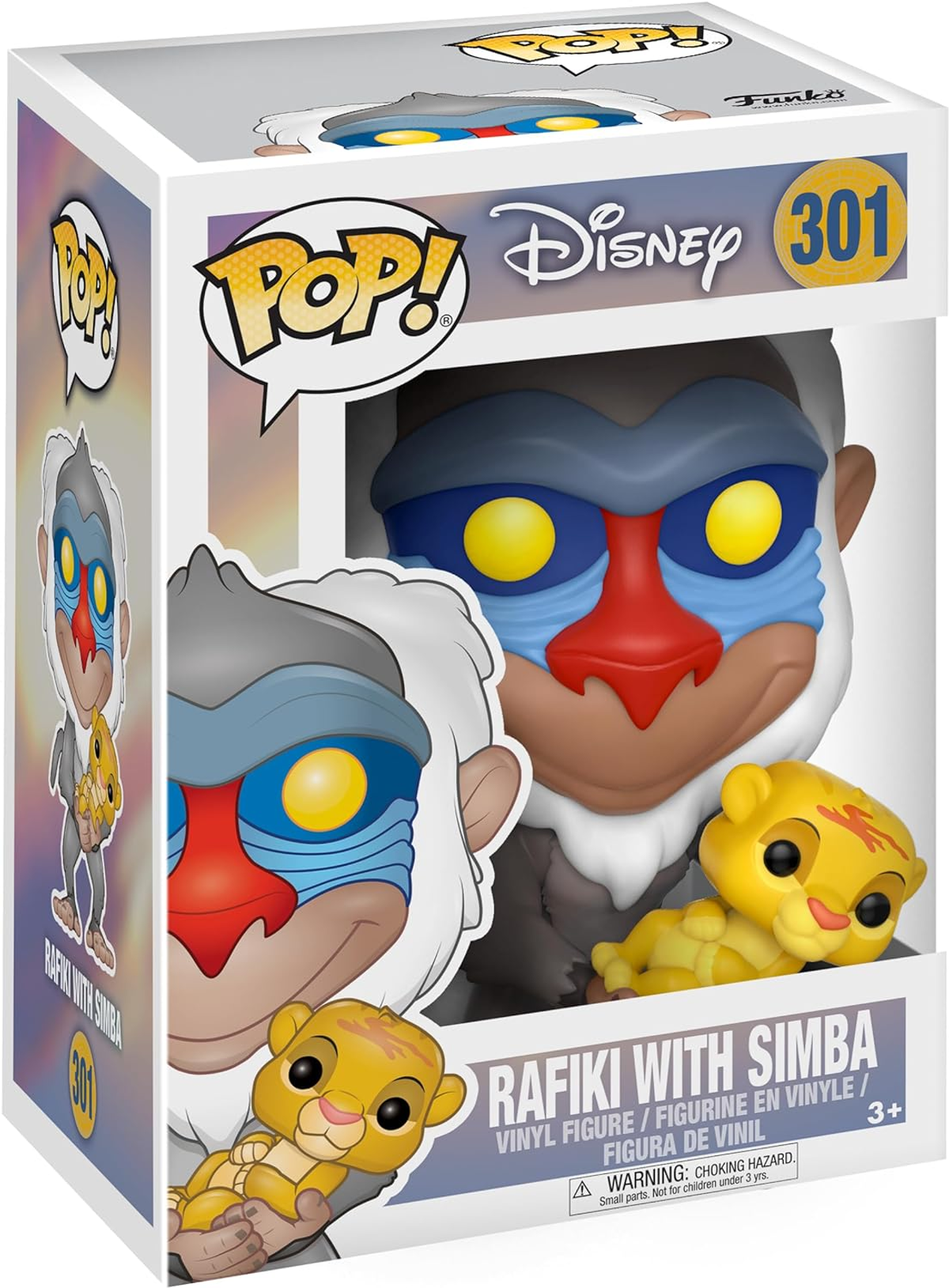 Una scatola Funko Pop mostra Rafiki con Simba. La scatola include il logo Disney e un fumetto 'Pop!'