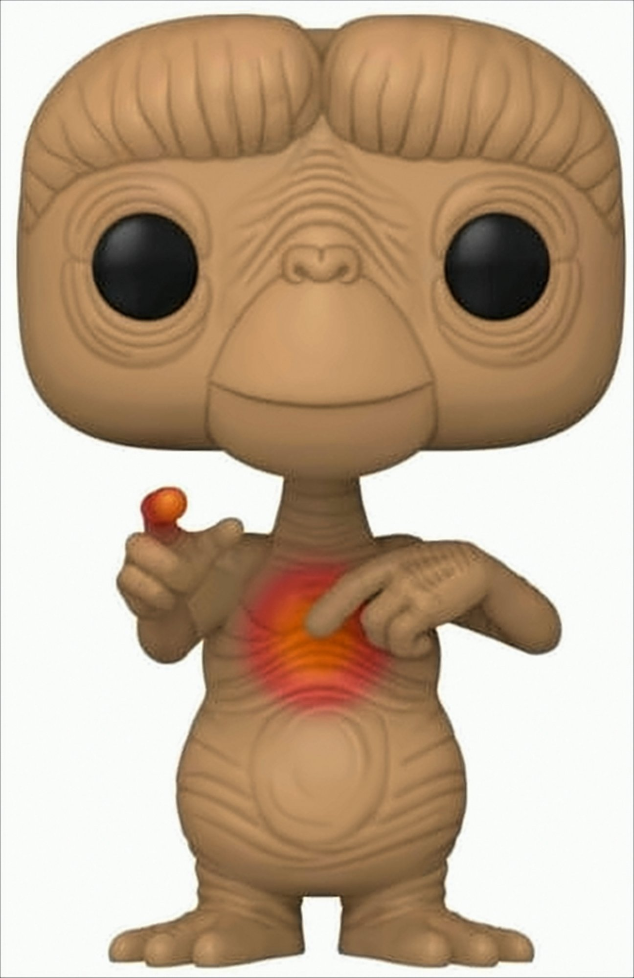 Figurita de E.T. Es beige y tiene un corazón rojo. Los ojos son negros.