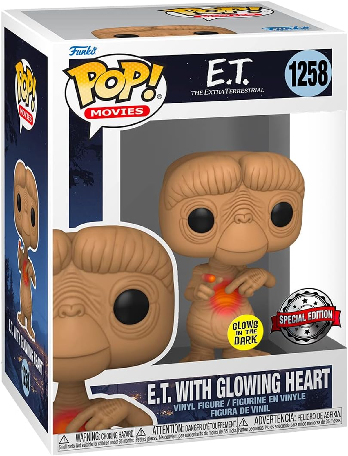 Figura Funko Pop de E.T. en caja, con corazón brillante.