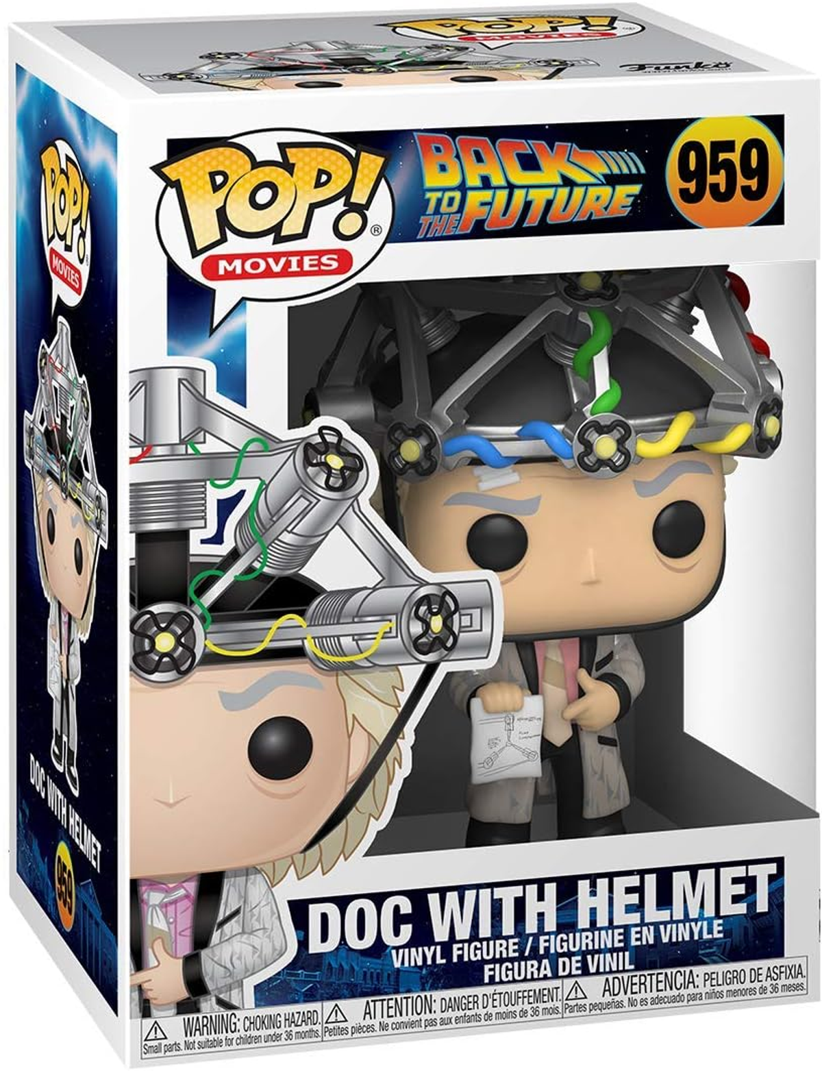 Figura Funko Pop de Doc Brown en caja, con el logo de Back to the Future.