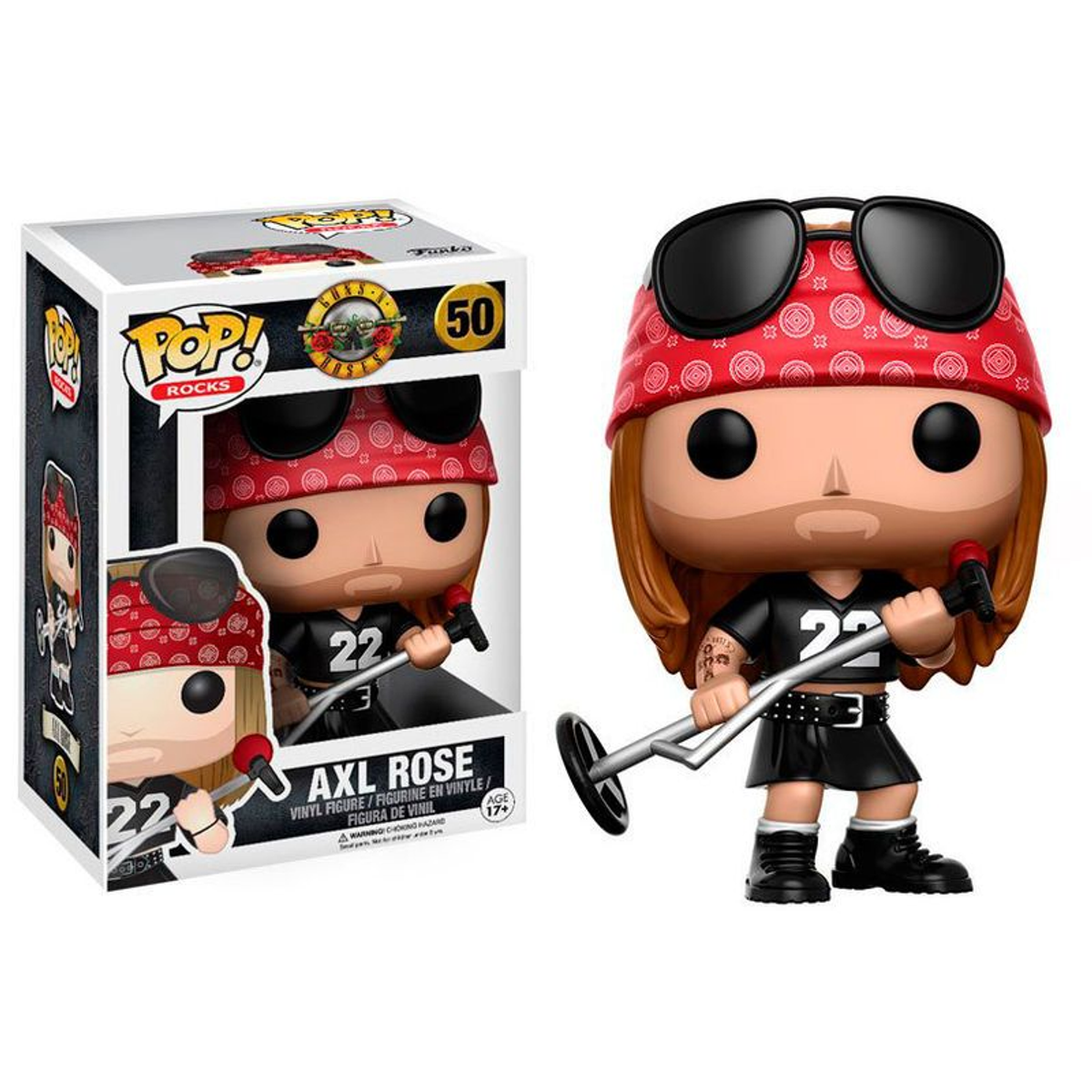 Funko Pop de Axl Rose con gafas de sol, bandana y micrófono.