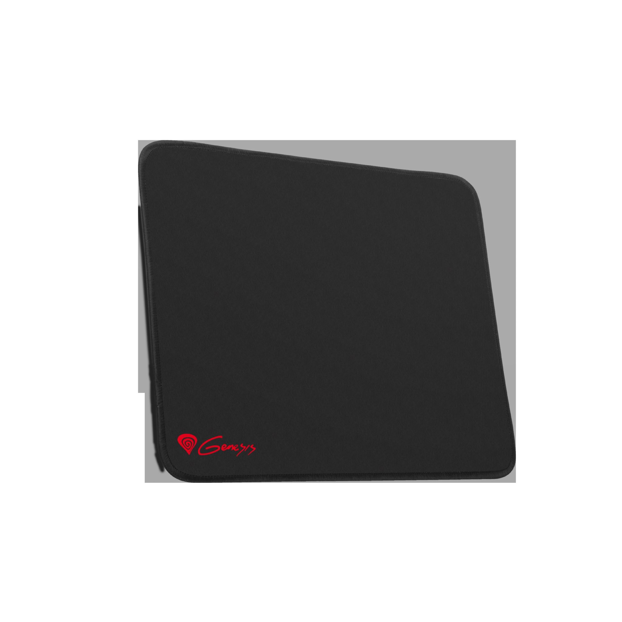 Tapis de souris noir avec logo Genesis rouge en bas à gauche sur fond gris.
