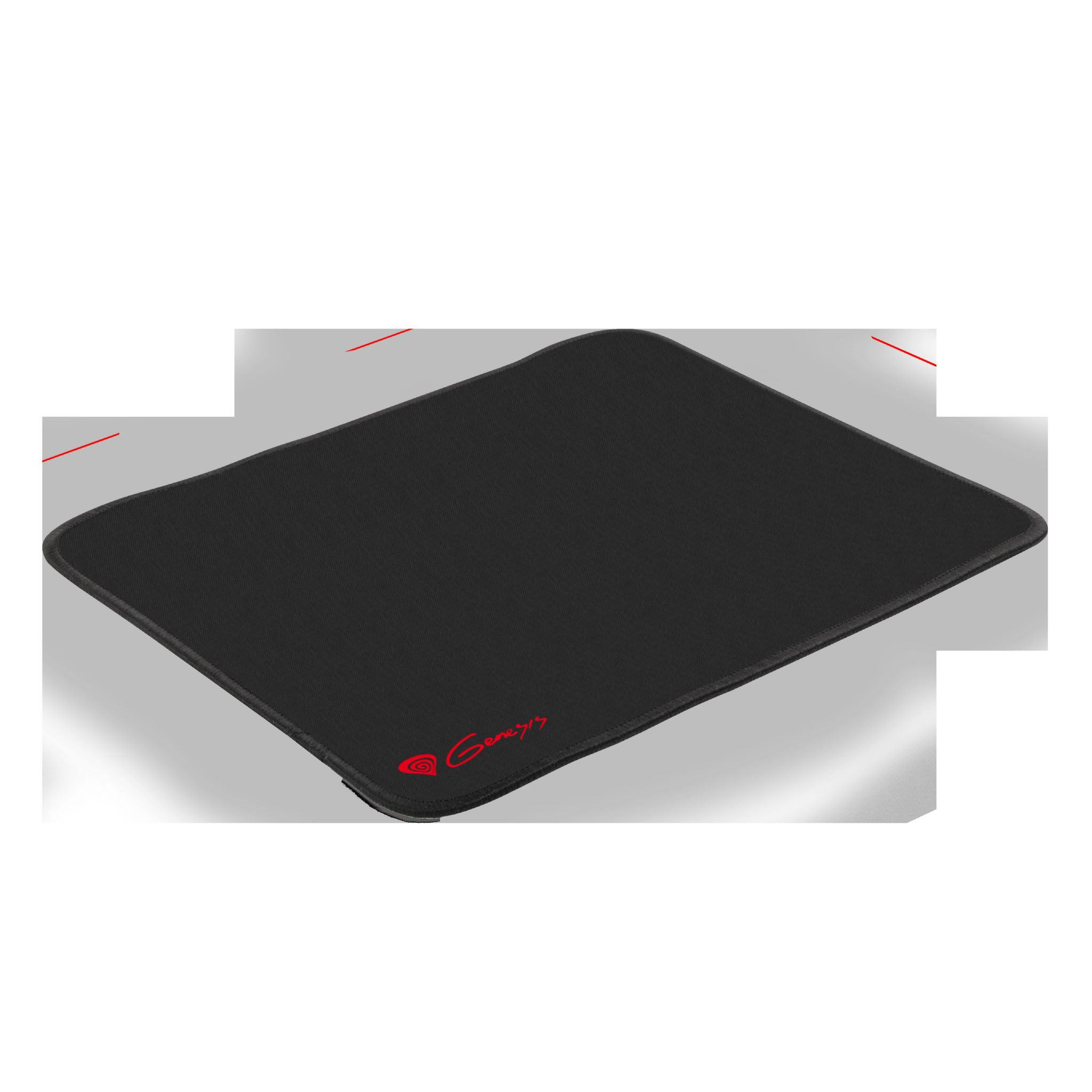 Tapis de souris gaming Genesis noir avec logo Genesis rouge dans le coin inférieur droit.