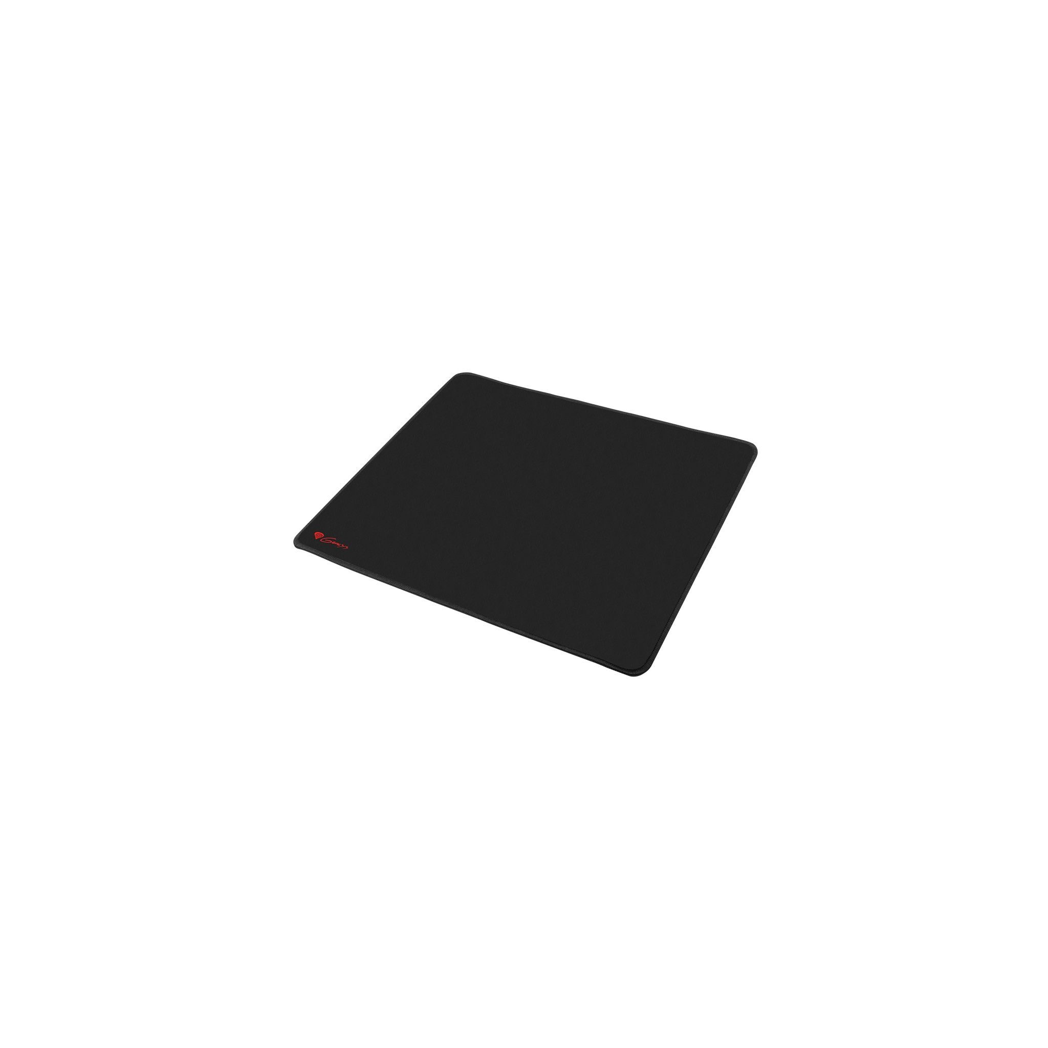 Tapis de souris noir sur fond blanc. Logo rouge dans le coin inférieur gauche.