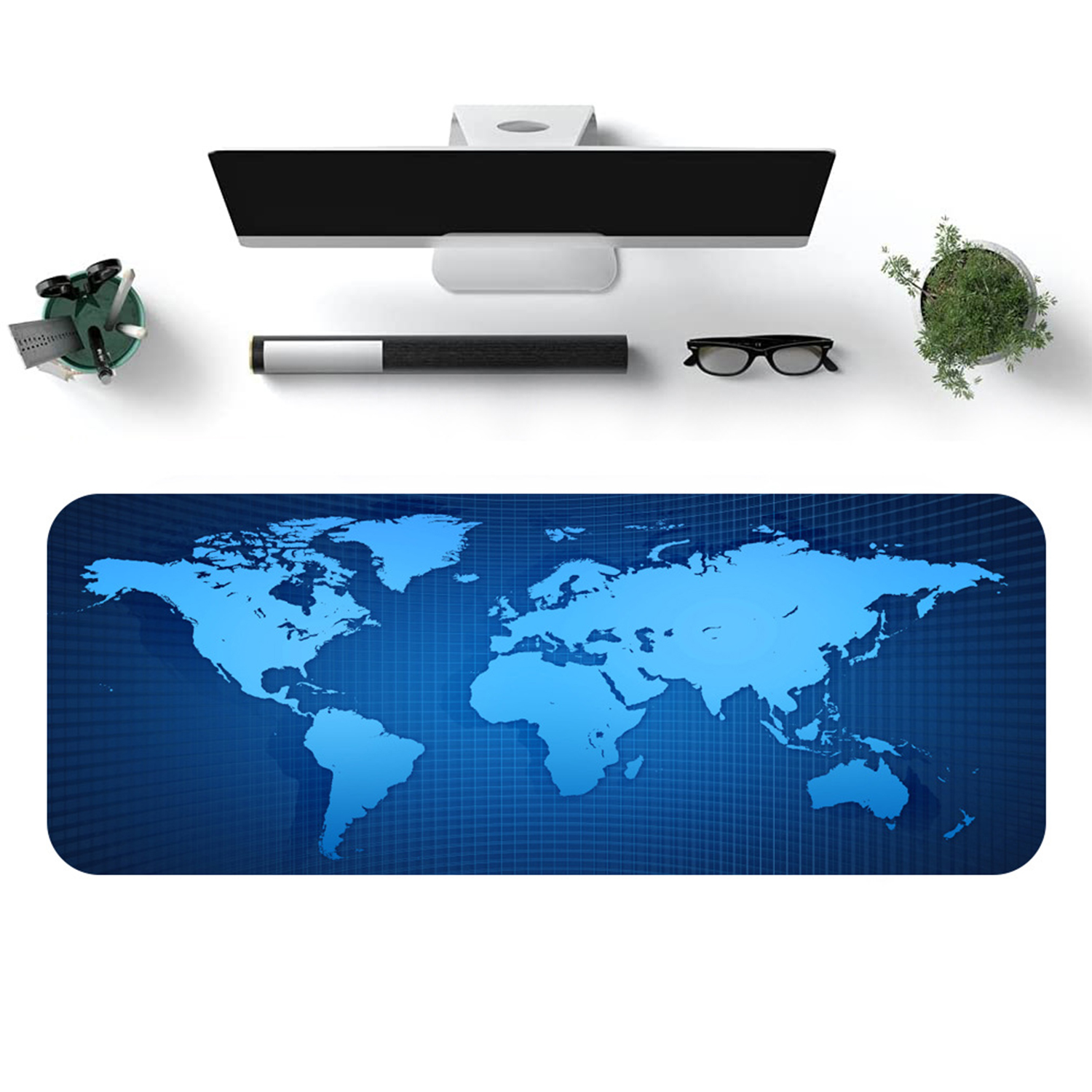 Vista cenital de una configuración de escritorio: monitor, accesorios y alfombrilla de ratón con mapa del mundo azul.
