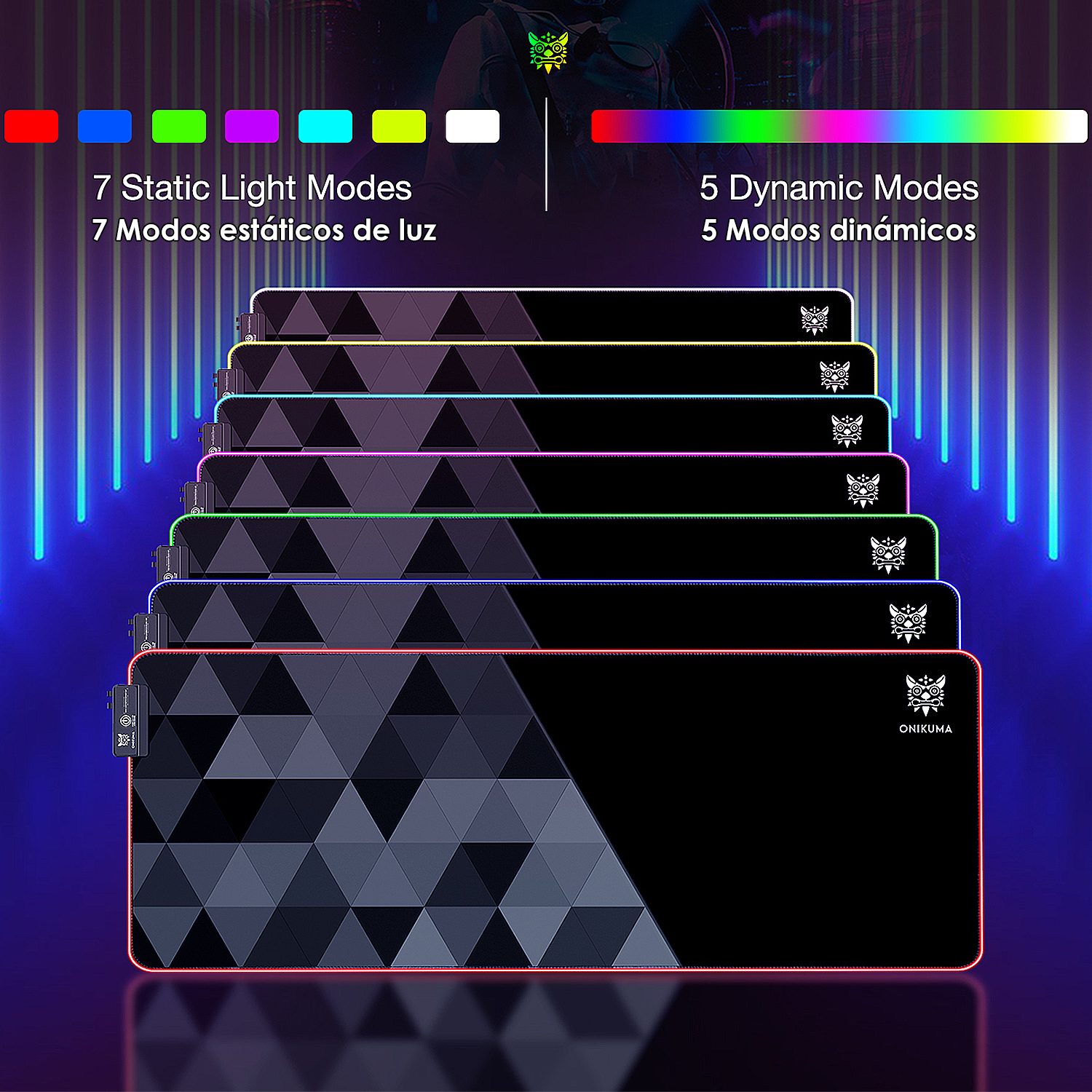 Alfombrilla de ratón para juegos negra con bordes iluminados, mostrando modos de luz y el logo Onikuma.