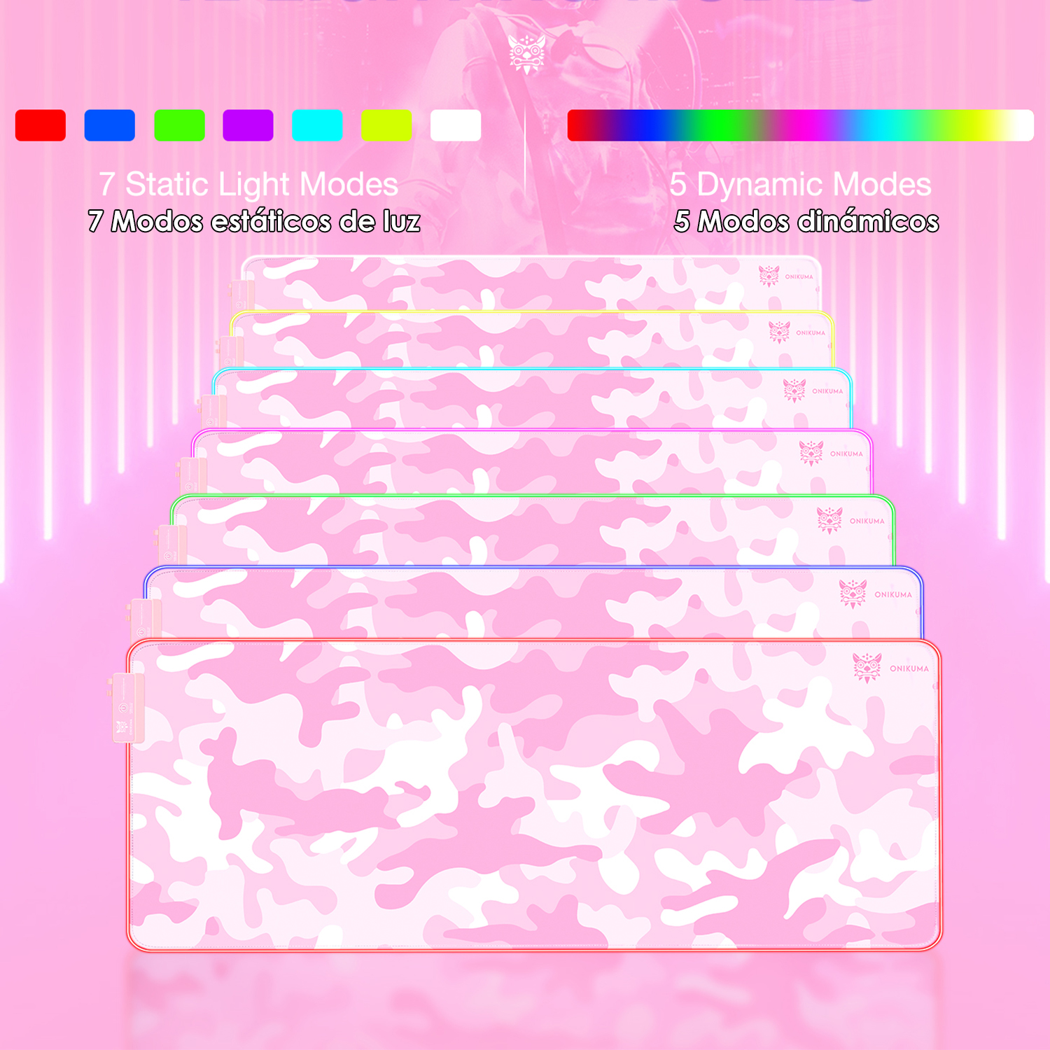 Alfombrillas de ratón de camuflaje rosa con modos de luz coloridos mostrados arriba.