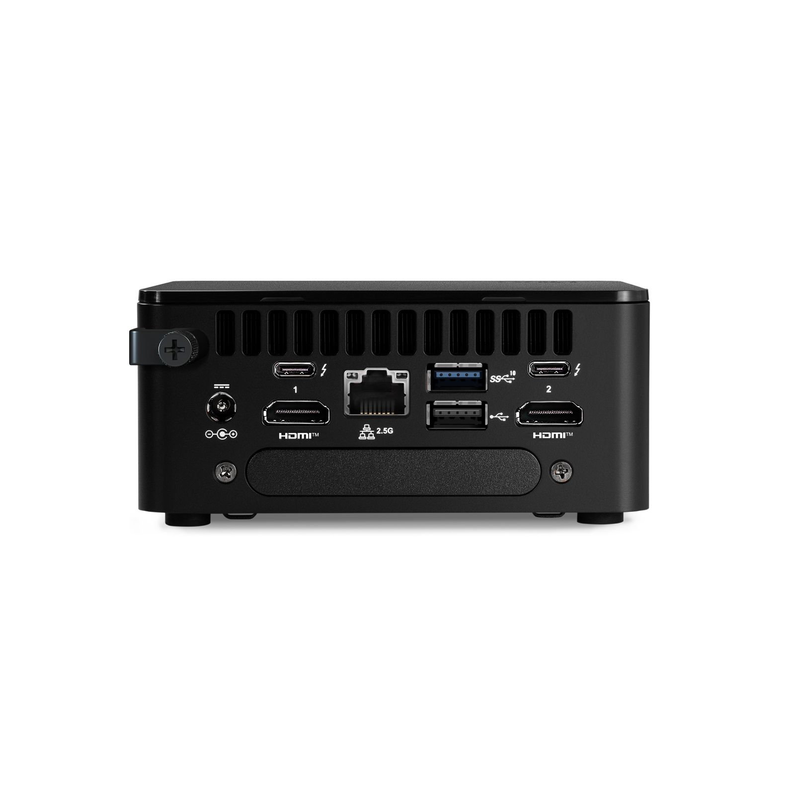 Ein kleiner, schwarzer Computer. Er hat mehrere Anschlüsse und Anschlüsse auf der Rückseite.