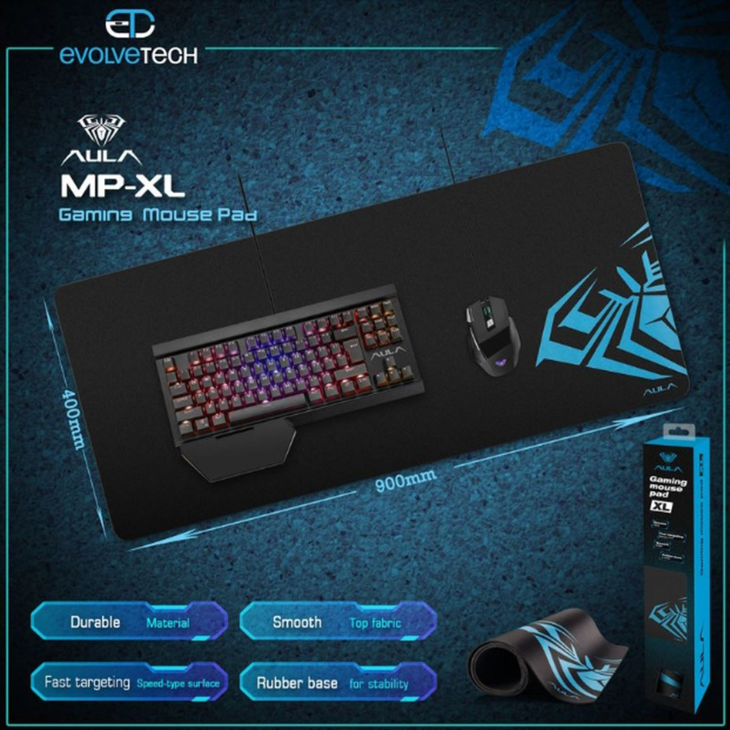 Alfombrilla de ratón para juegos con teclado, ratón y detalles del producto. Superficie negra.