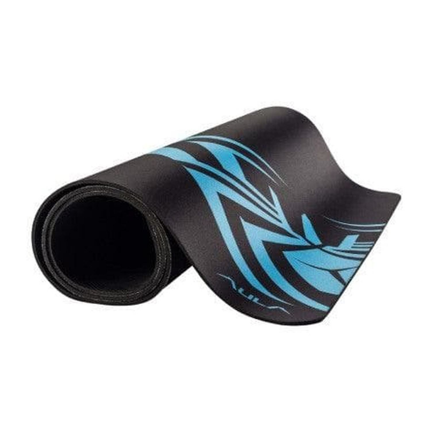 Esterilla de ejercicio negra enrollada con diseño azul.