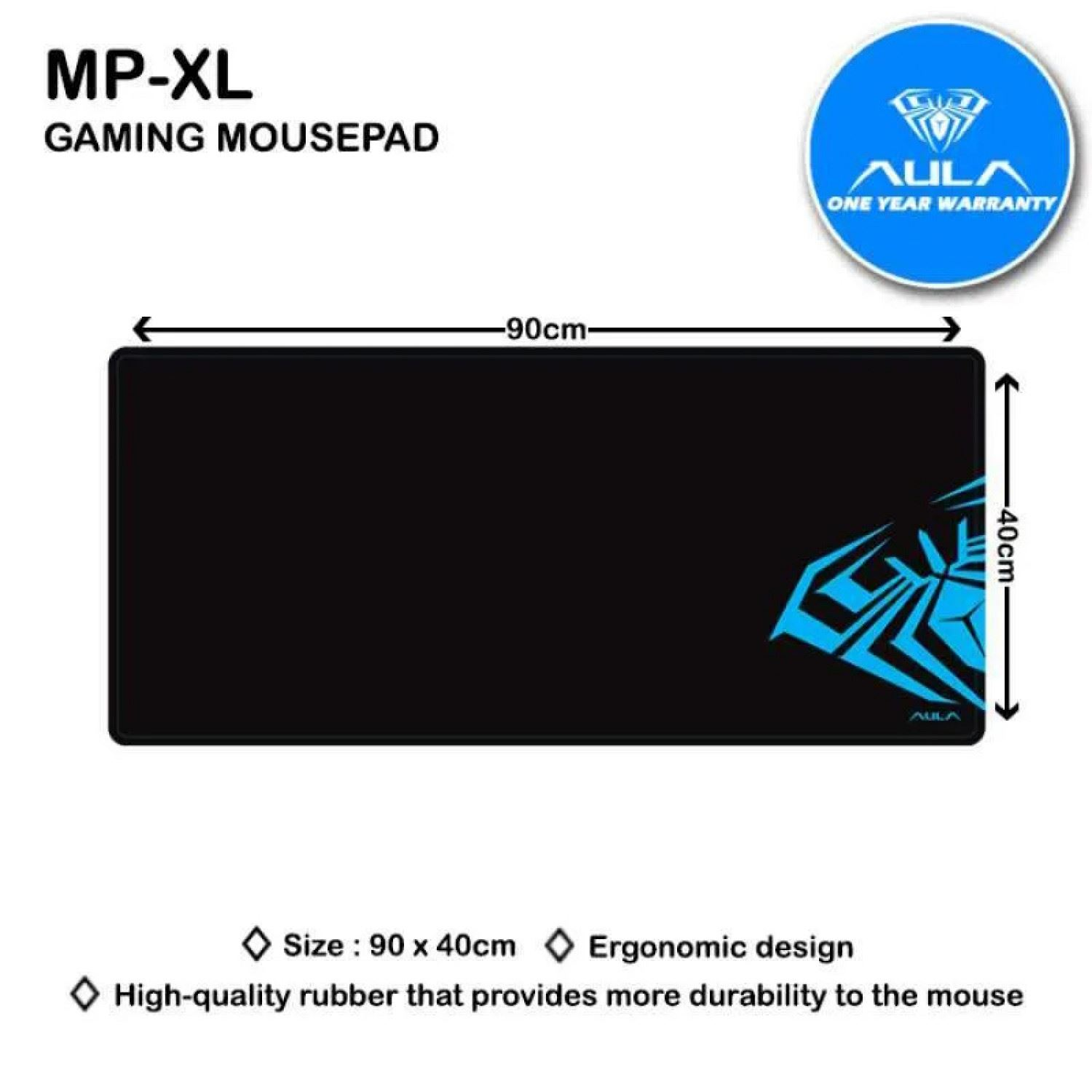 Alfombrilla de ratón negra y azul con logotipo y texto de marca de juegos. Es rectangular y tiene medidas.