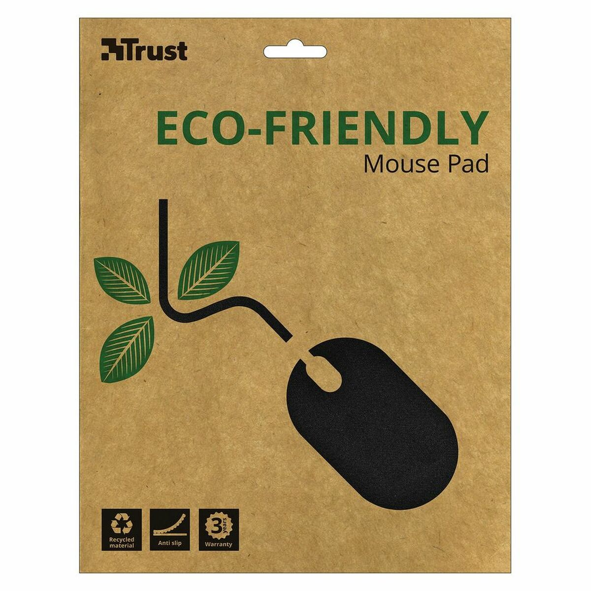 Braune, umweltfreundliche Mauspad-Verpackung. Mit Maus-Illustration und grünen Blättern. Weißer Hintergrund.