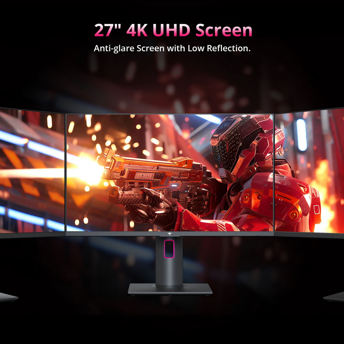 Zakrzywiony monitor z sceną science-fiction. Tekst: '27" 4K UHD Screen'.