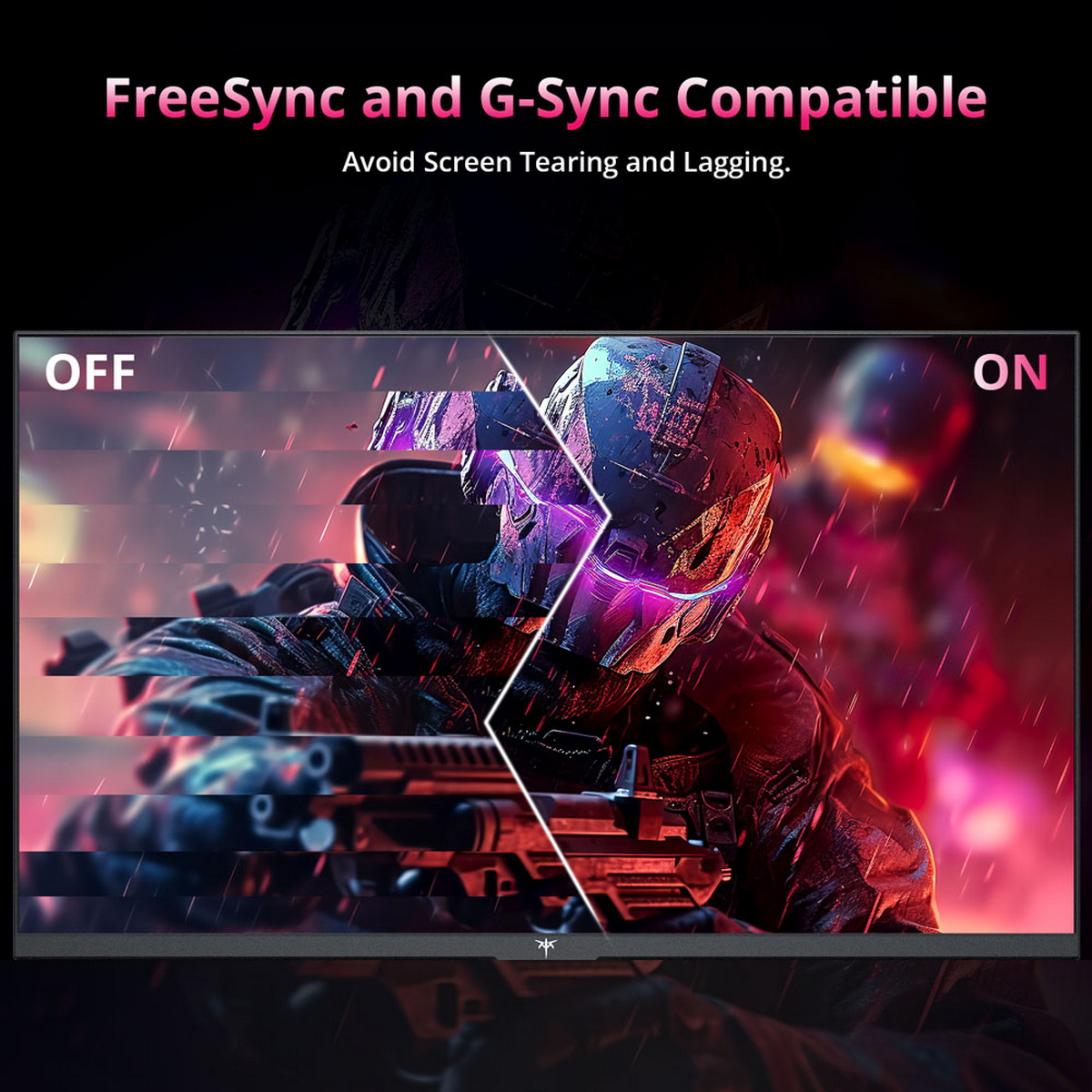 Monitor komputera wyświetlający scenę z gry, z tekstem o kompatybilności FreeSync i G-Sync.