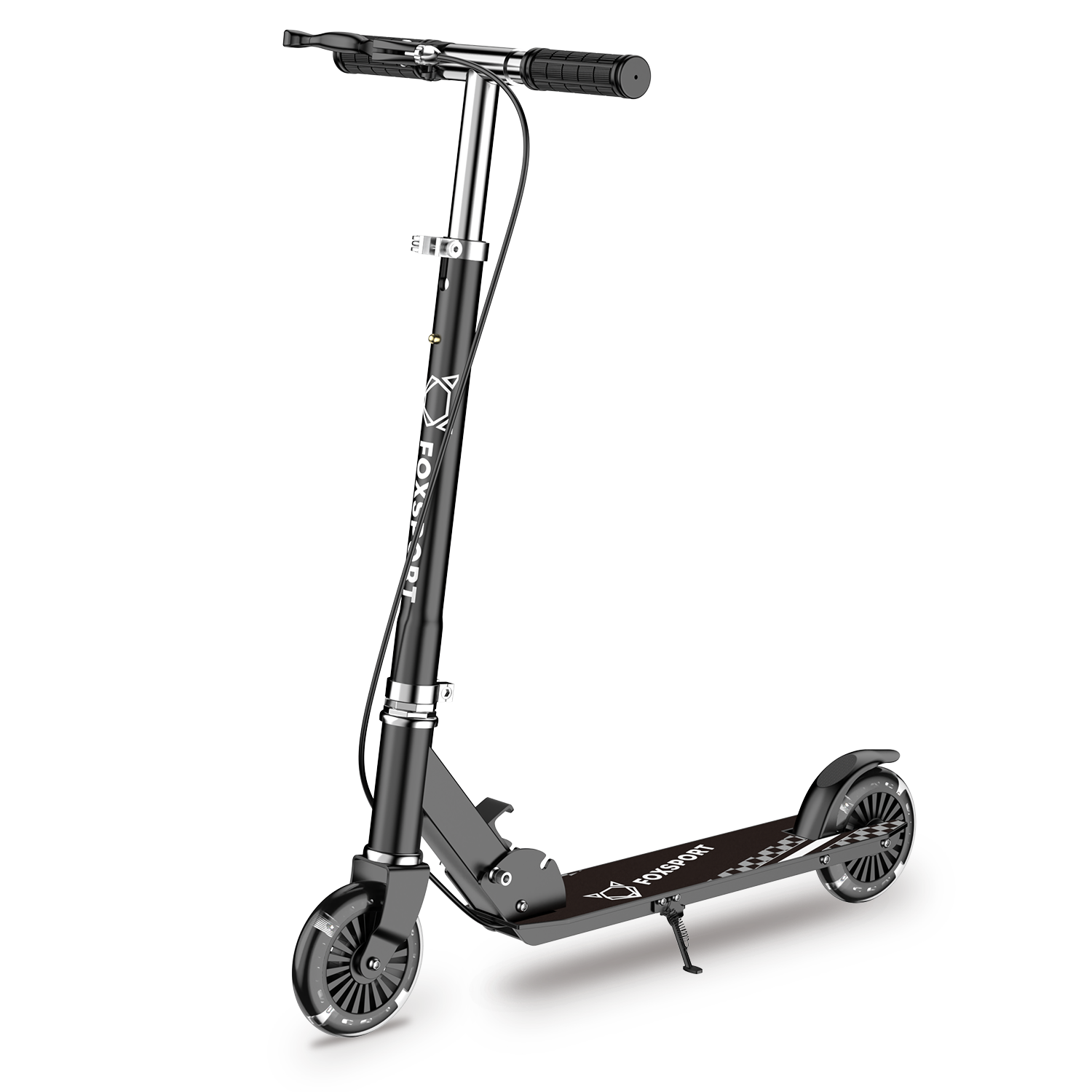 Schwarzer Roller mit weißem Logo auf schwarzem Hintergrund mit Schattierungseffekt.