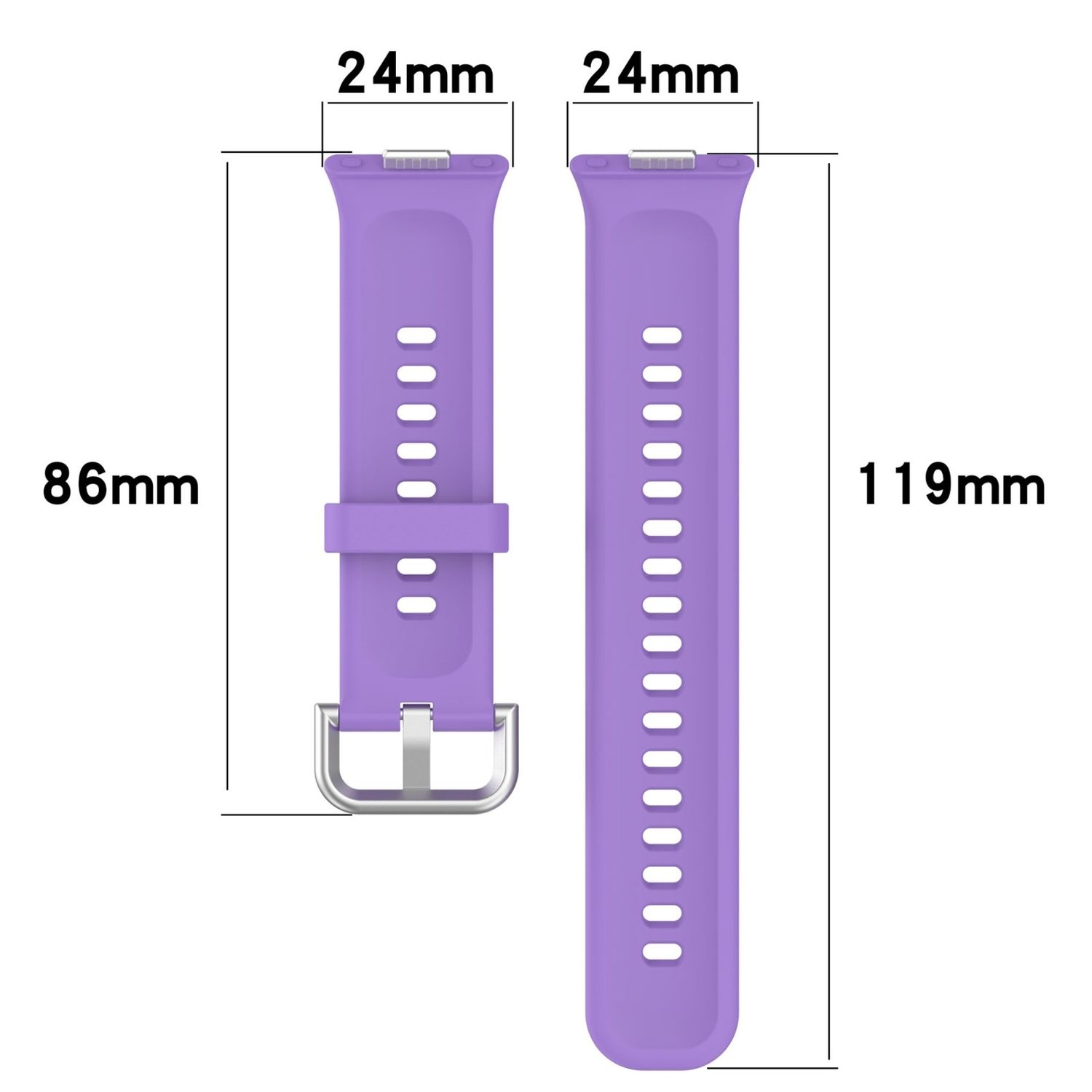 Zwei lila Uhrenarmbänder, eines lang, eines kurz. Maße werden angezeigt.