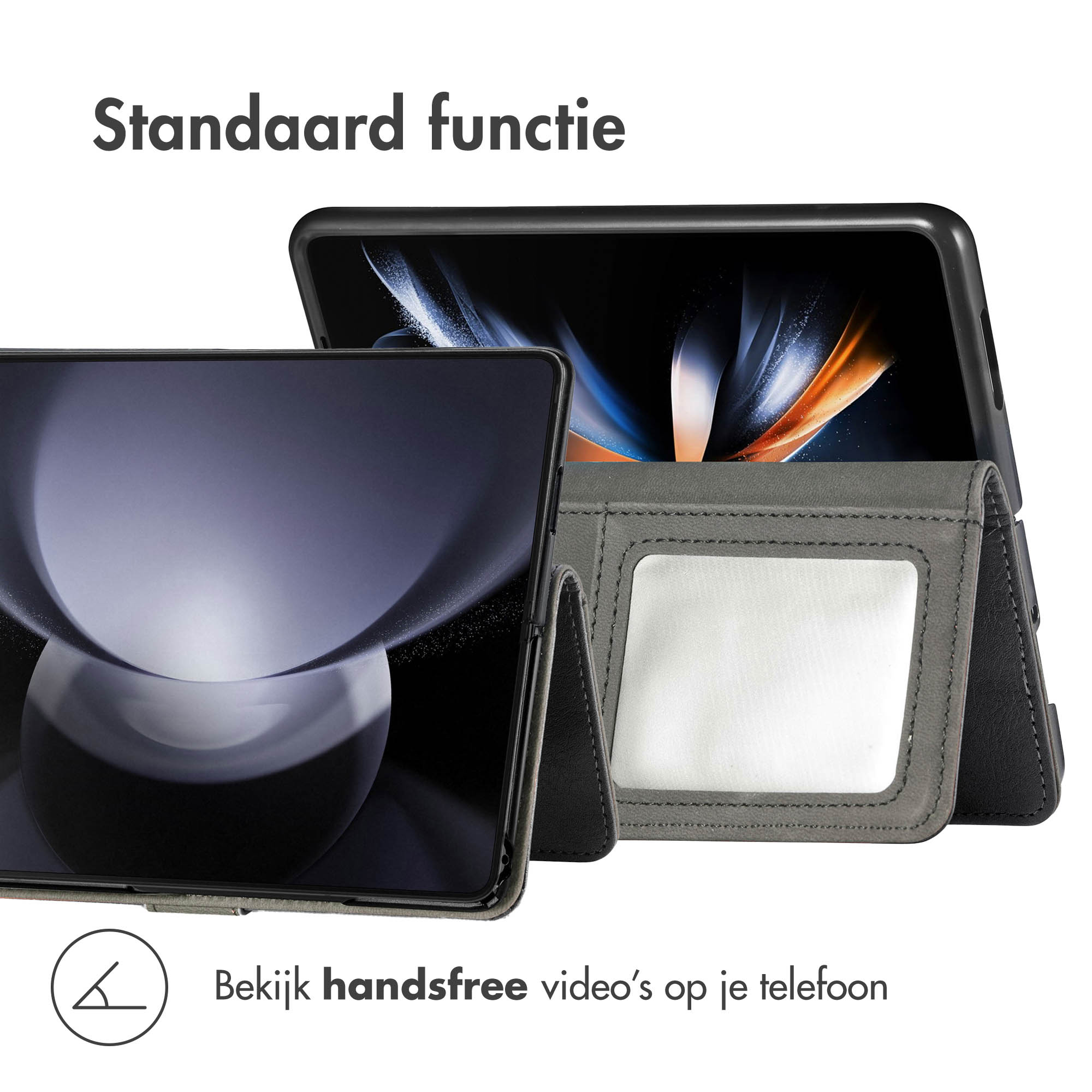 Étui de téléphone gris avec fonction support et fenêtre. Texte : Fonction standard.