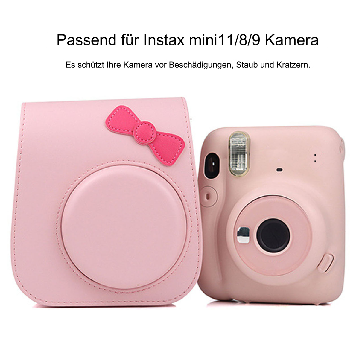 Rosa Kameratasche mit Schleife und rosa Kamera. Text: 'Passend für Instax mini11/8/9 Kamera'.