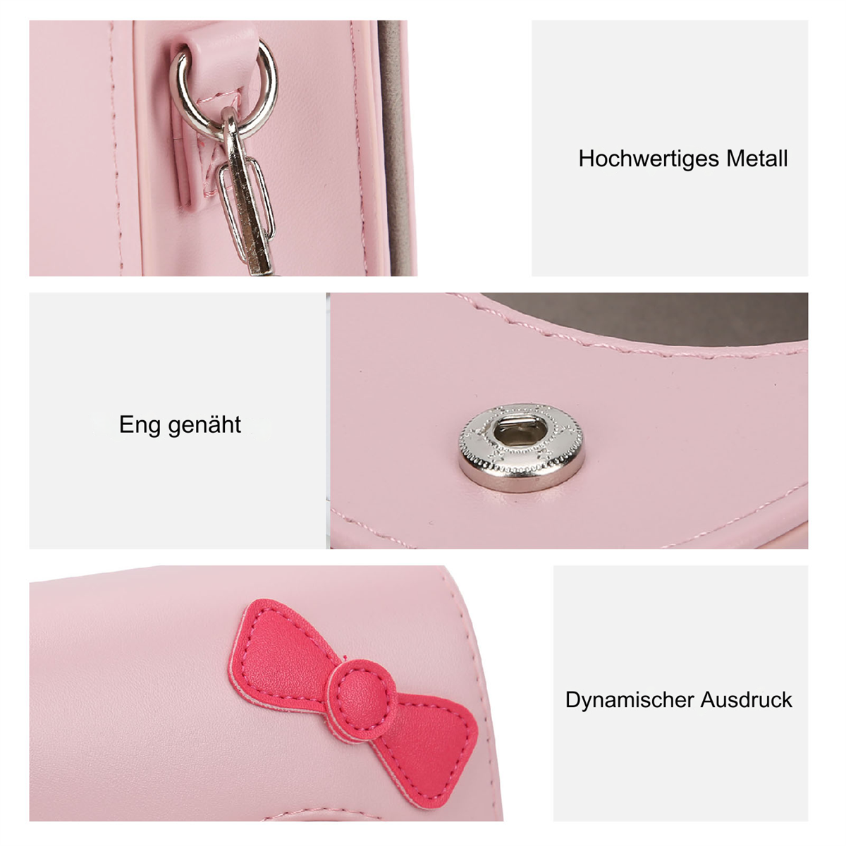 Rosa Geldbörse mit Schleife und Text. Nahaufnahmen der Geldbörsendetails. Weißer Hintergrund.