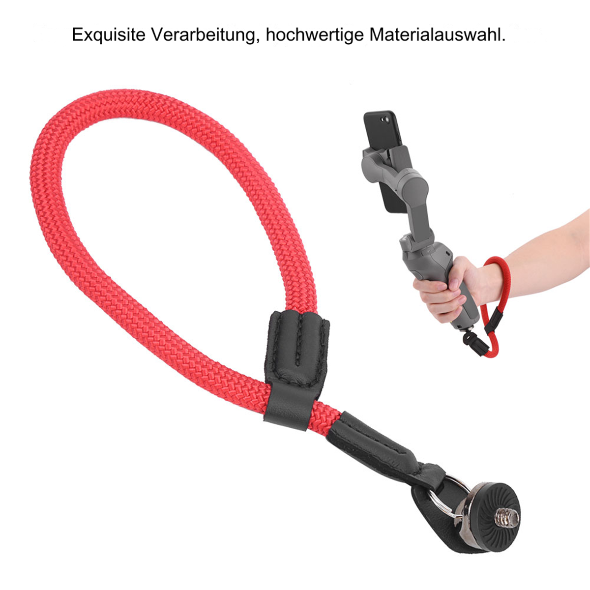 Roter Kameragurt und Person, die eine Kamera mit grauem Gimbal hält.