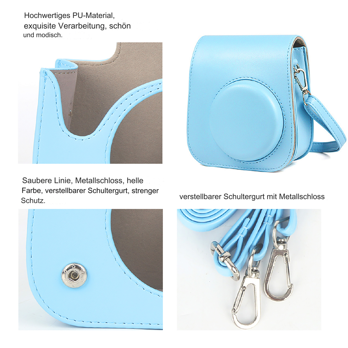 Hellblaue Kameratasche mit Detailansichten von Tasche und Gurt. Inkl. silberne Metalldetails.