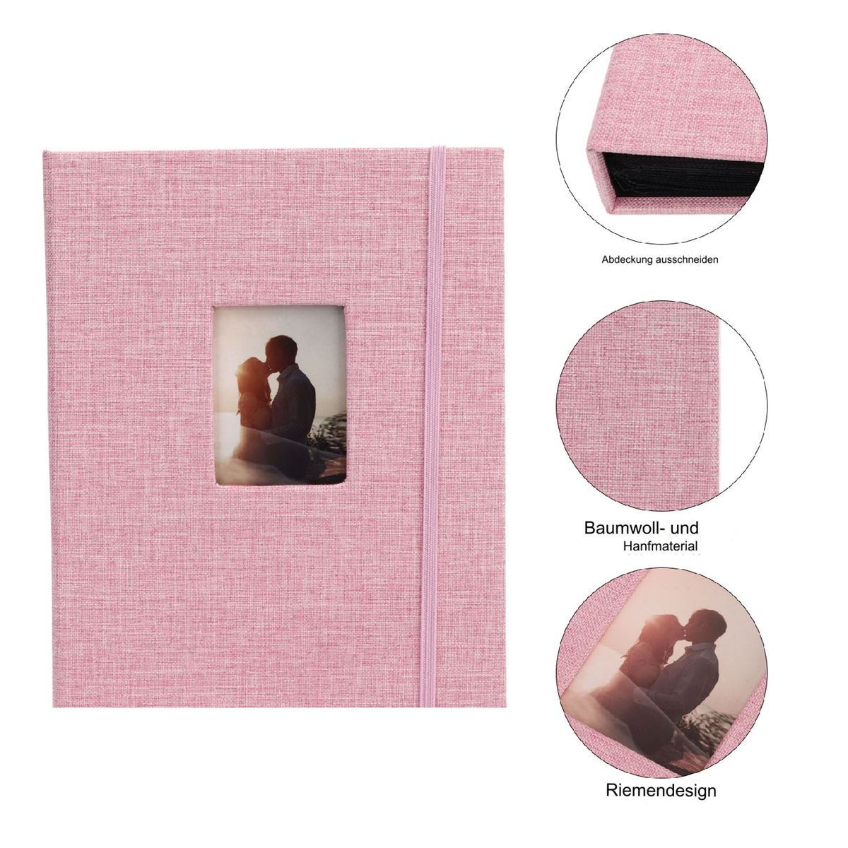 Rosa Fotoalbum mit einem Bild eines Paares im Fenster.