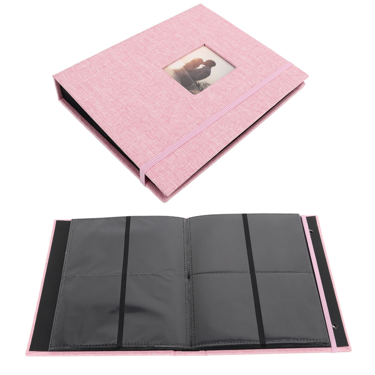 Ein rosa Fotoalbum mit einem Bild und Seiten mit Fotohüllen.
