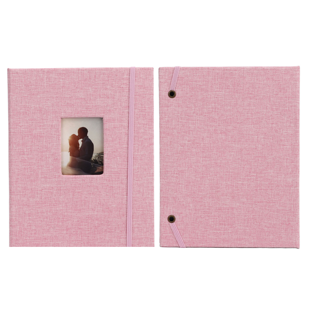 Rosa Fotoalbum mit Foto eines Paares, rosa Gummiband und zwei Ösen.