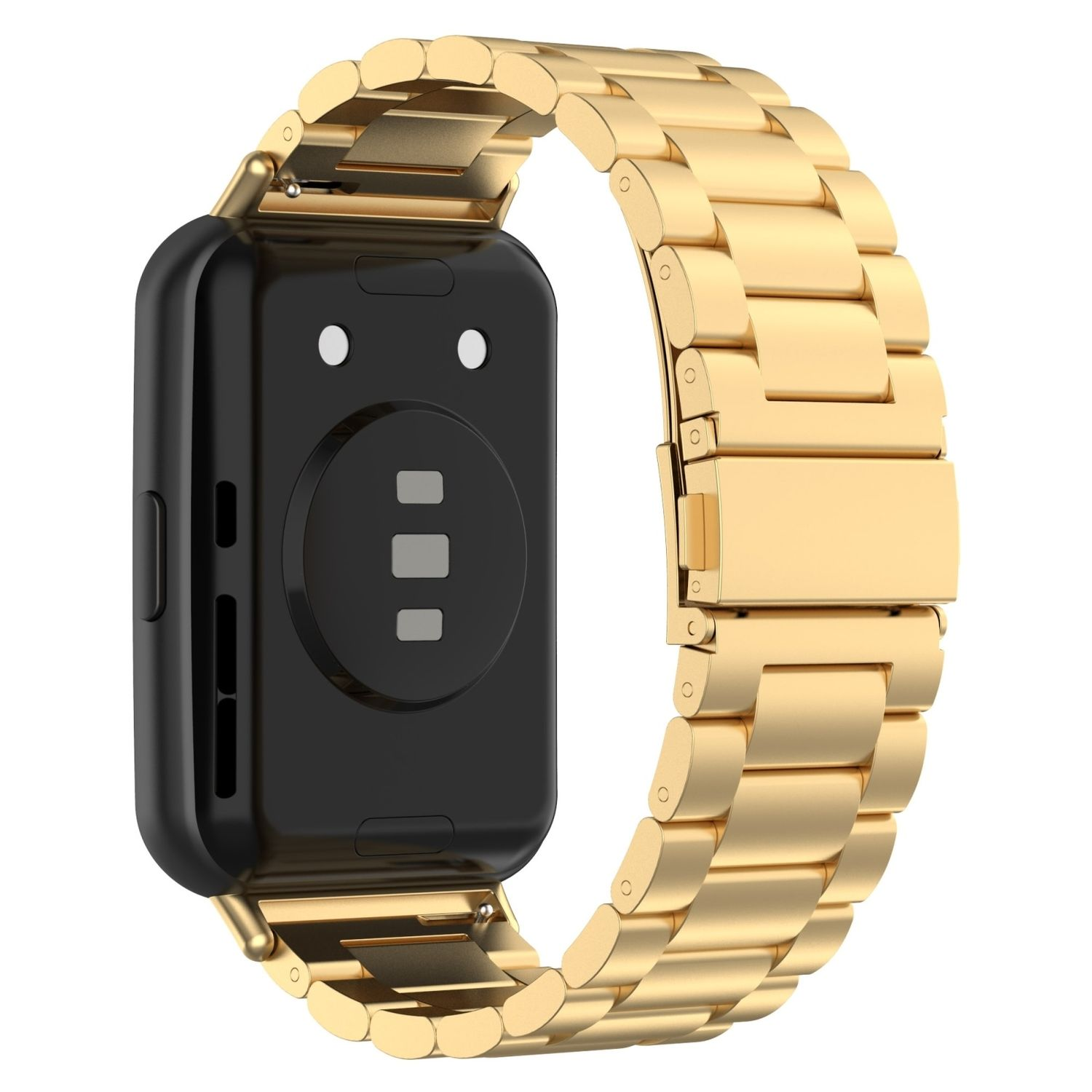 Goldenes Uhrenarmband mit schwarzem Zifferblatt, Nahaufnahme, weißer Hintergrund.