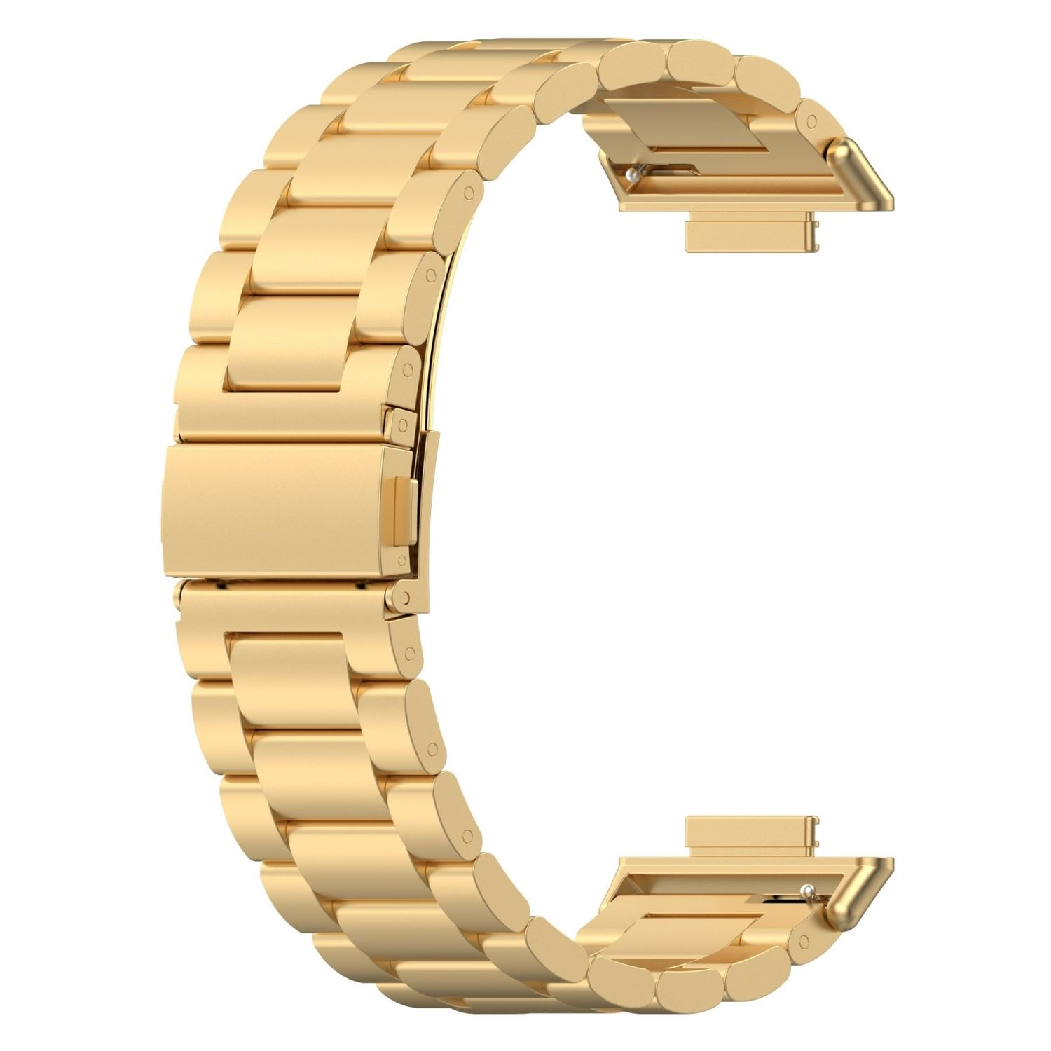 Goldfarbenes Uhrenarmband aus verbundenen rechteckigen Gliedern, C-förmig angeordnet.