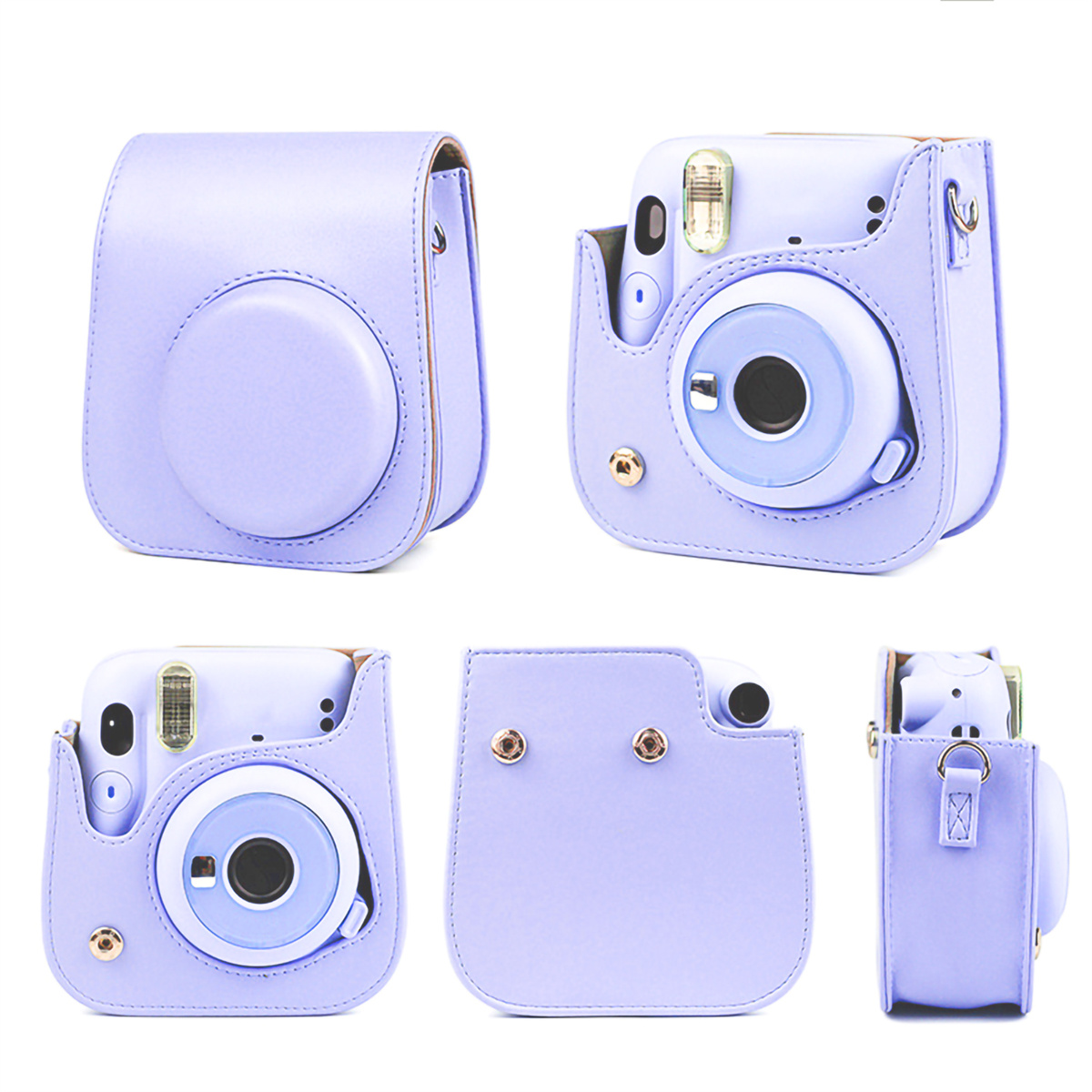 Verschiedene Ansichten einer lavendelfarbenen Kameratasche mit einer Instax Mini Kamera, geschlossen und geöffnet.