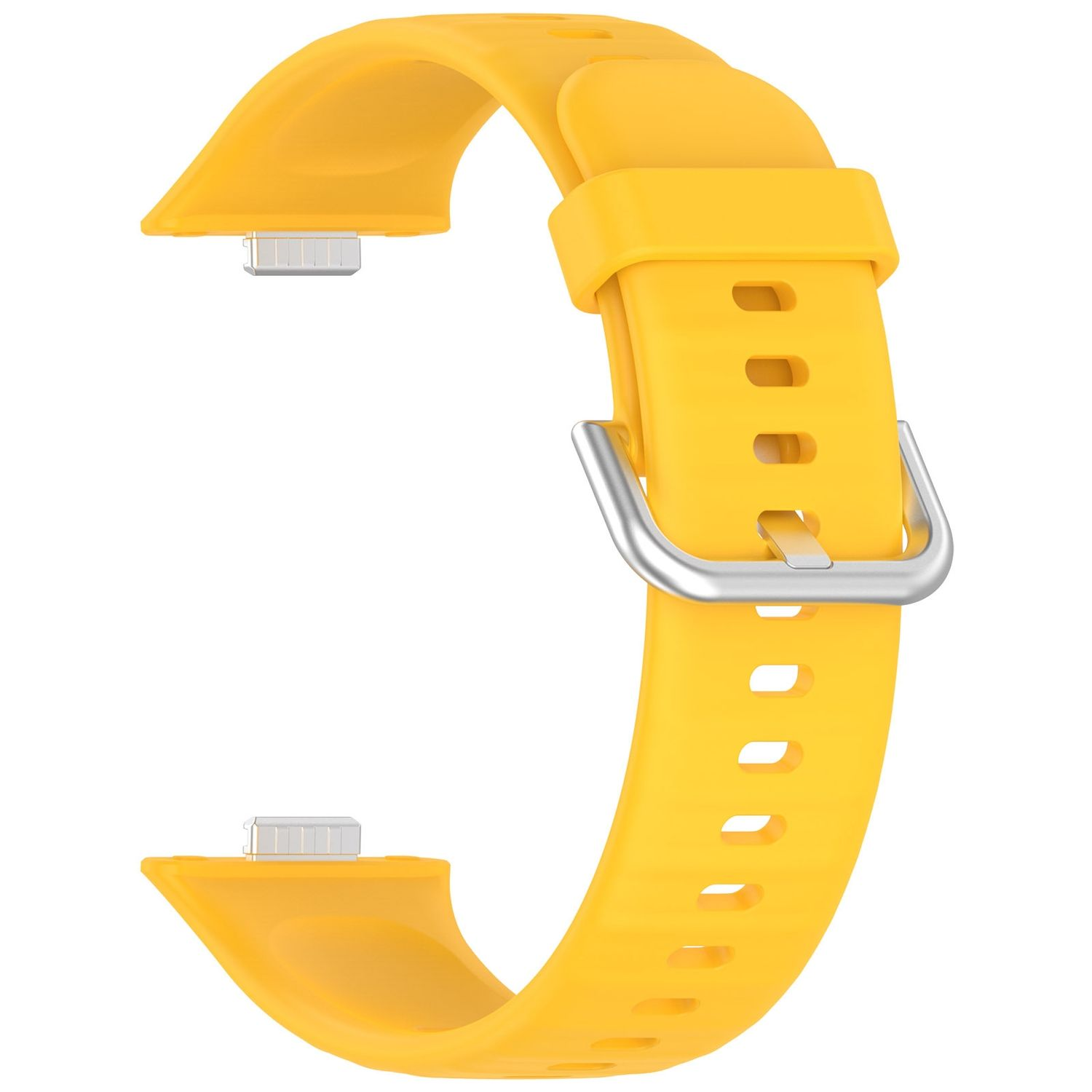 Gelbes Uhrenarmband mit silberner Schnalle. Es ist eine Nahaufnahme.