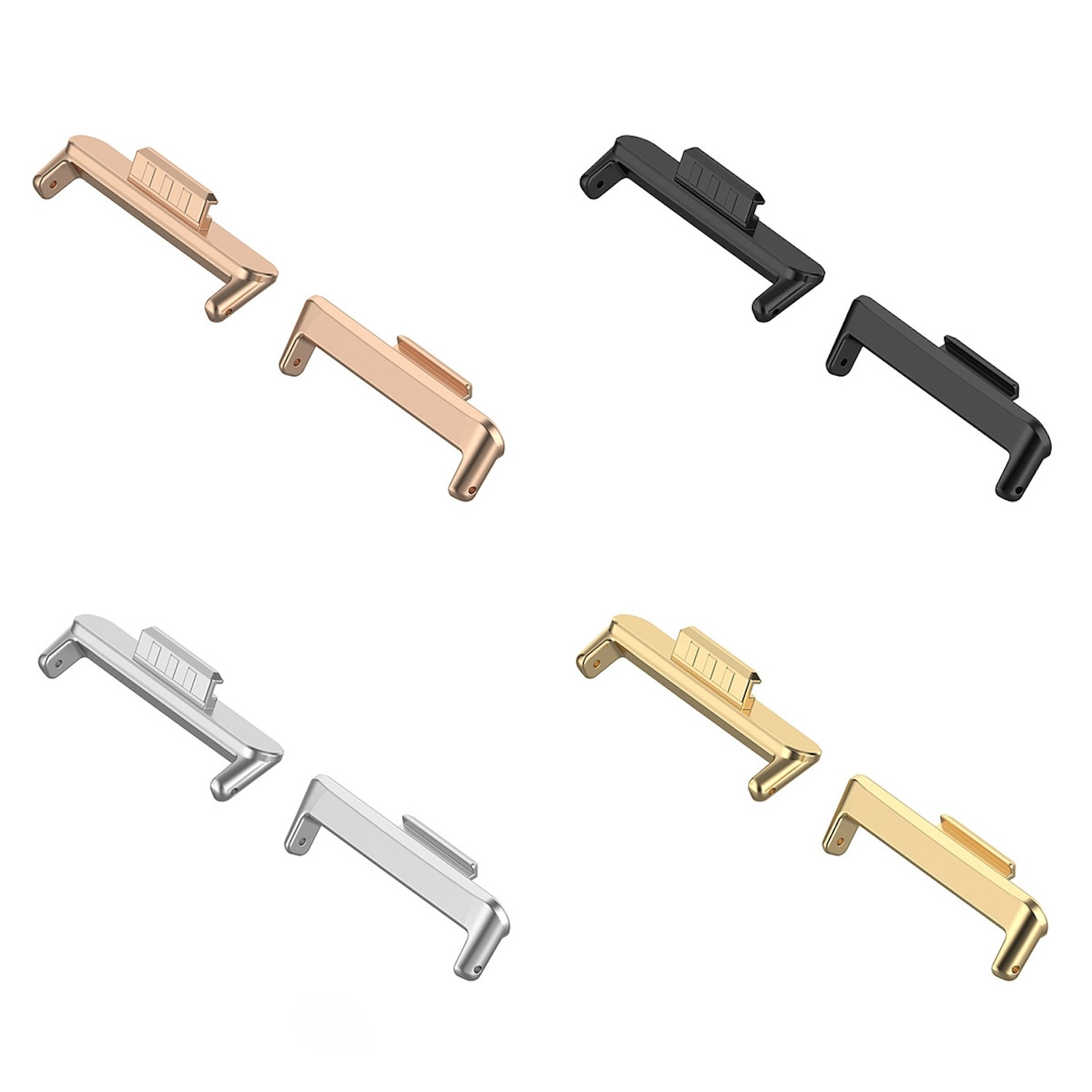 Mehrere Uhrenband-Aufsätze in Gold-, Silber-, Schwarz- und Roségoldtönen.
