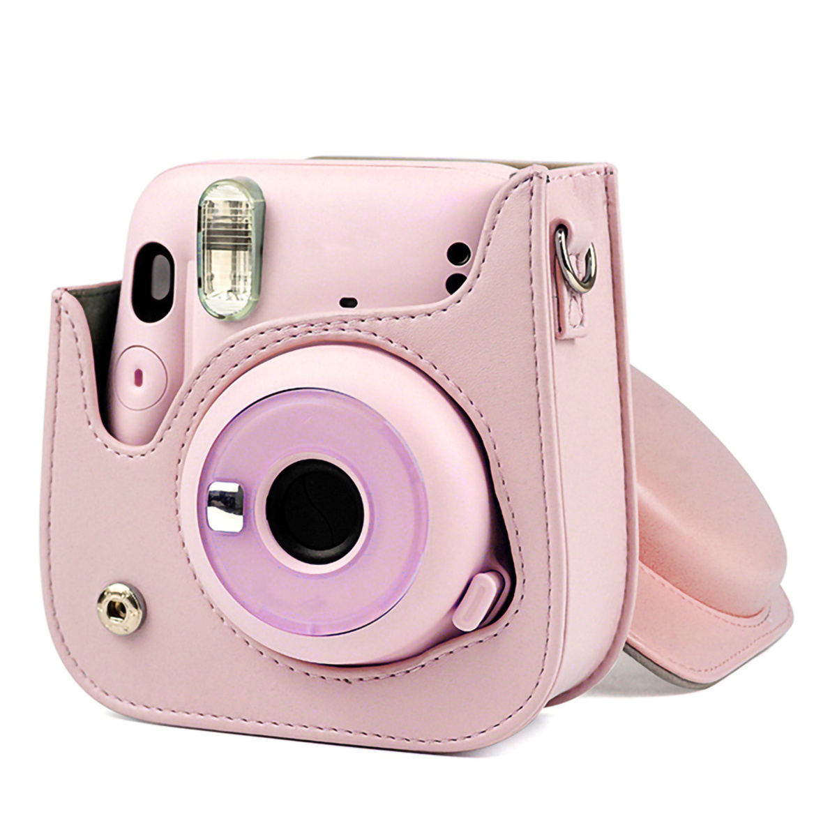 Pinke Instax-Kamera in einer pinken Ledertasche. Das Objektiv ist sichtbar.