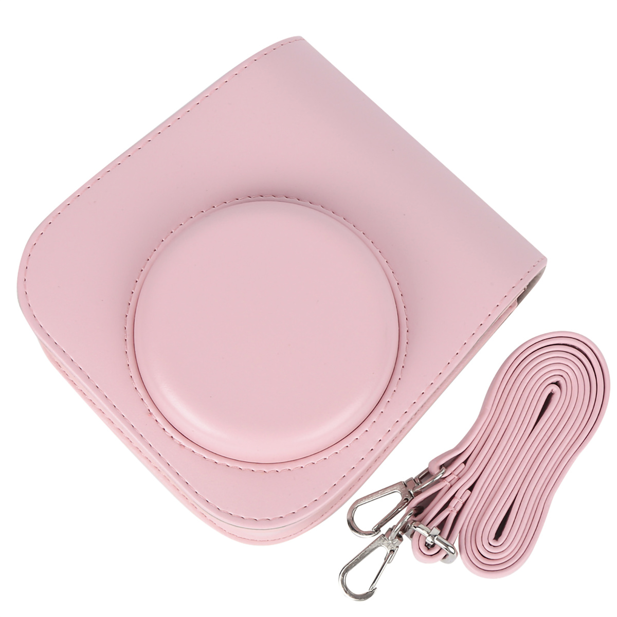 Rosa Kameratasche mit rundem Objektivdeckel und abnehmbarem Riemen.