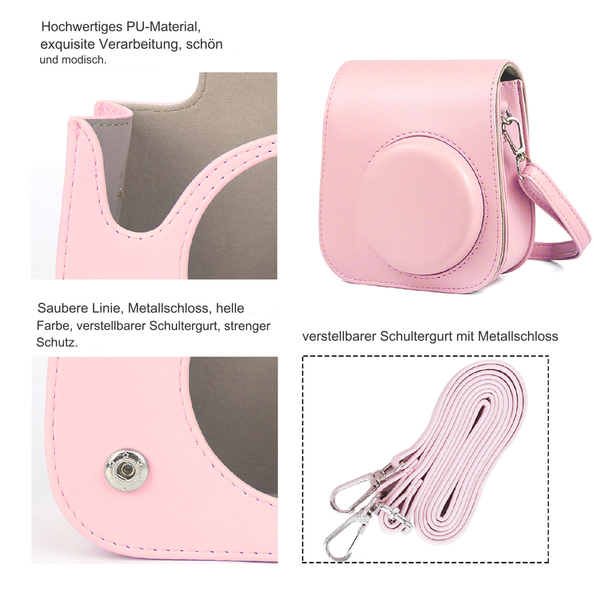 Rosa Kameratasche mit Riemen und Metallverschluss, mit Detailaufnahmen der Tasche.