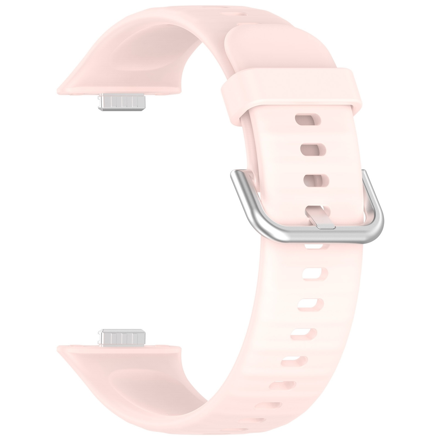 Rosa Uhrenarmband mit silberner Schnalle auf weißem Hintergrund. Es hat Löcher zur Anpassung.