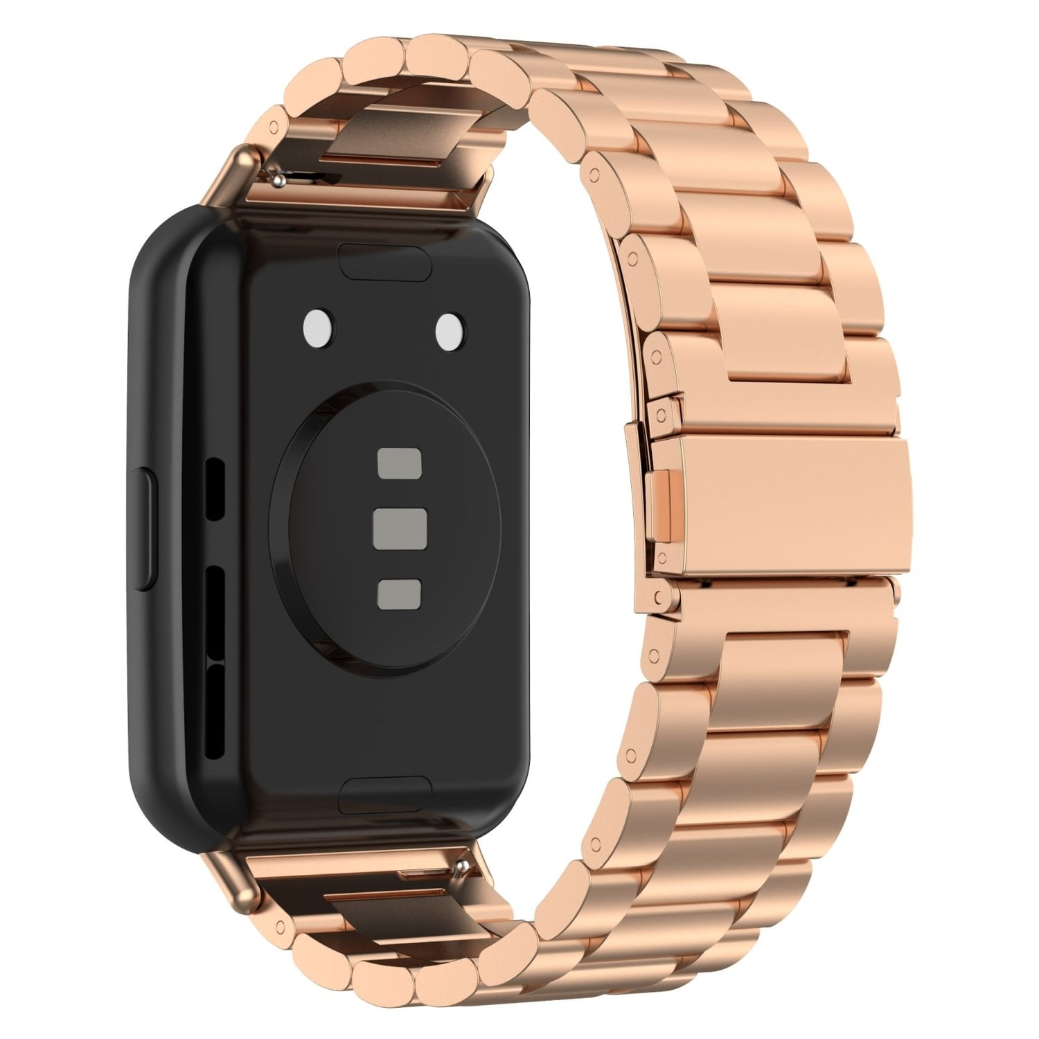 Nahaufnahme eines roségoldenen Smartwatch-Armbands. Das Armband besteht aus Metallgliedern und hat ein schwarzes Zifferblatt.