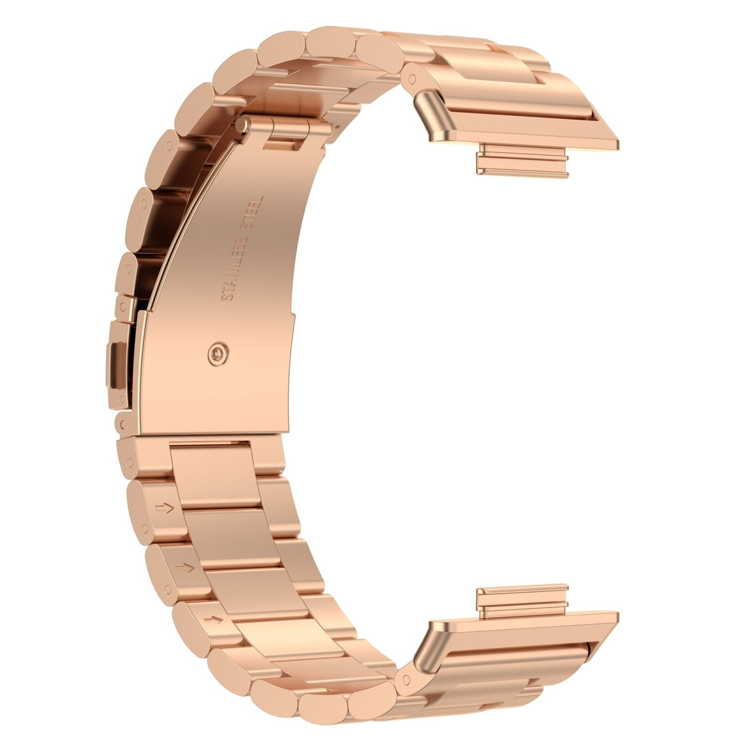 Ein roségoldenes Uhrenarmband in C-Form auf weißem Hintergrund.