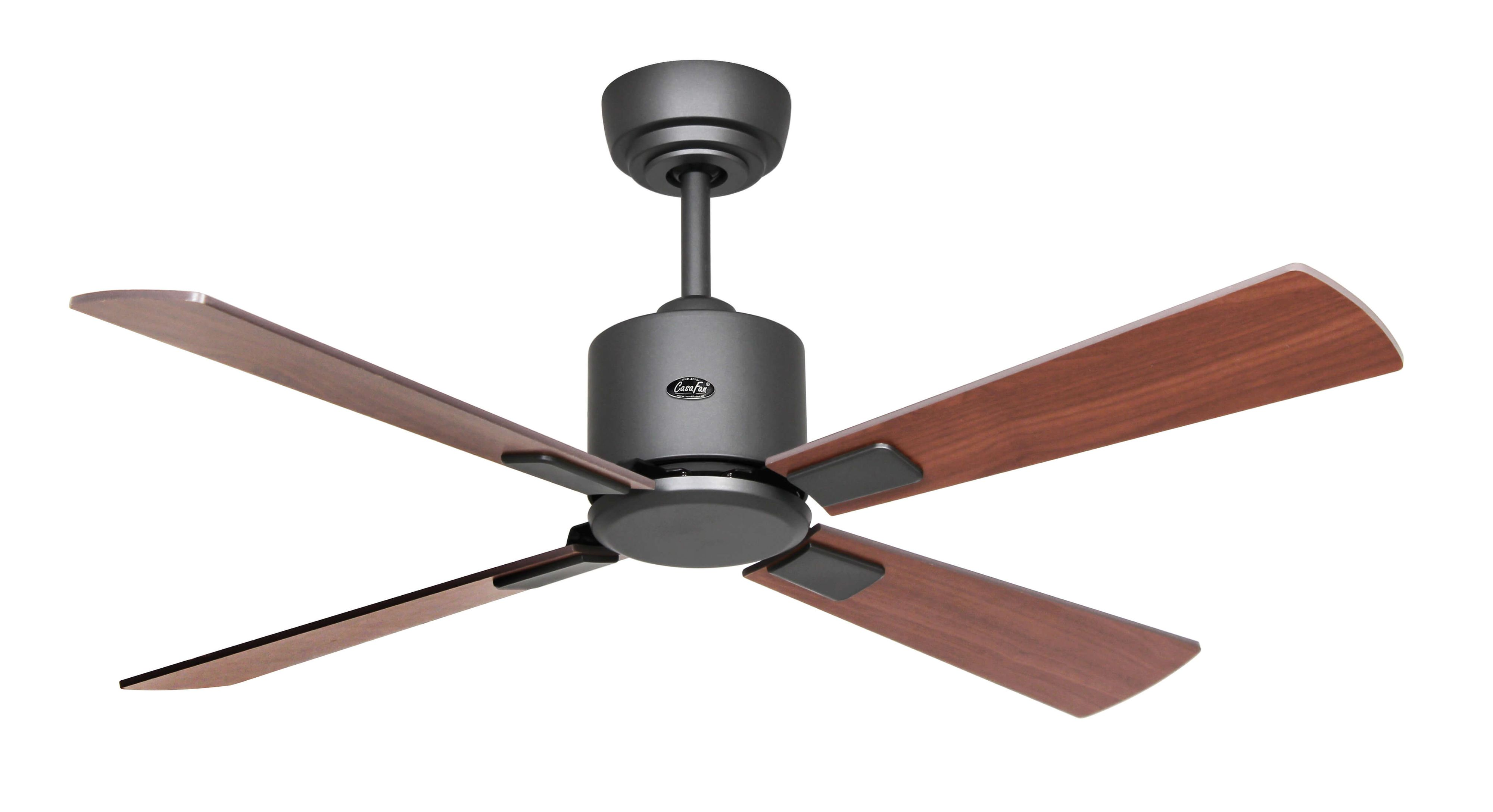 Ventilatore da soffitto con 4 pale in legno e alloggiamento motore grigio scuro, su sfondo bianco.