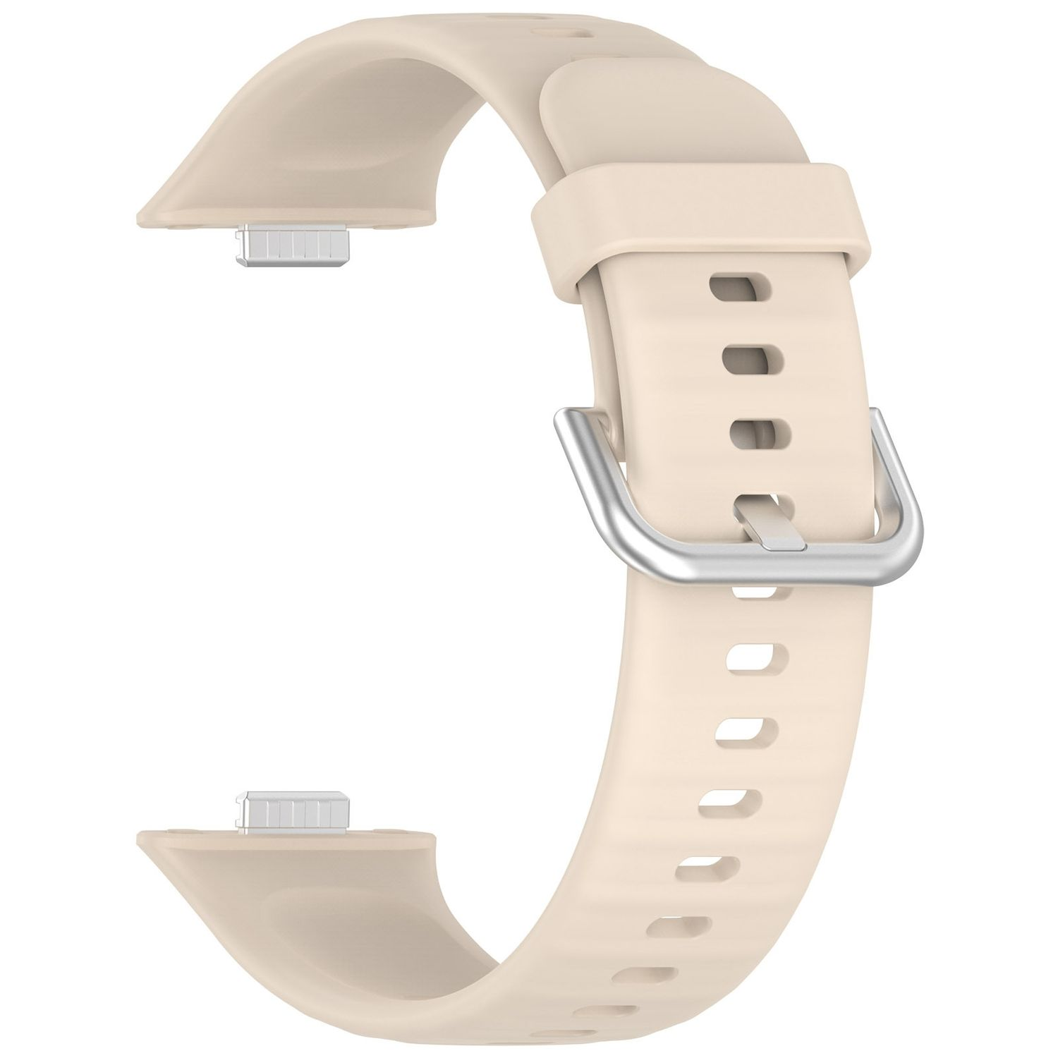 Ein hellbeige Uhrenarmband mit Metallschnalle und mehreren Löchern am Band.