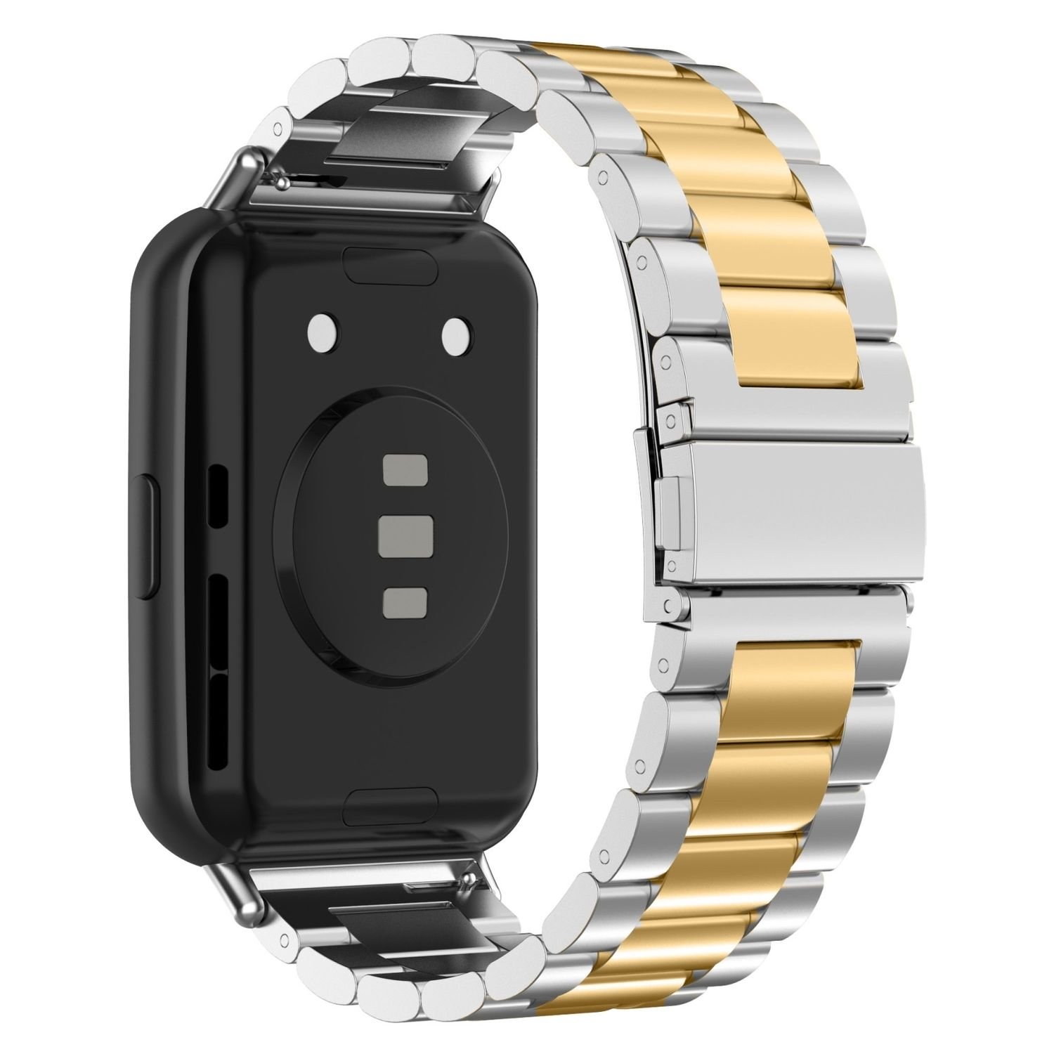 Eine schwarze Smartwatch mit silbernem und goldenem Armband.