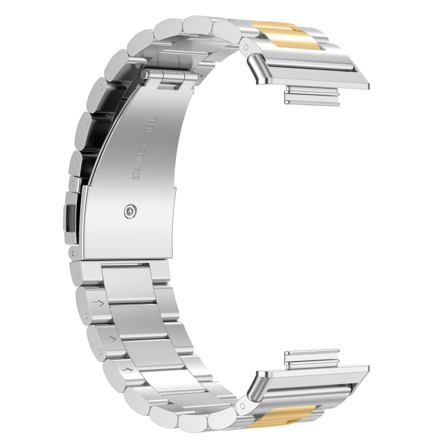 Silbernes Uhrenarmband mit Goldakzenten, Edelstahl. Es ist gebogen.