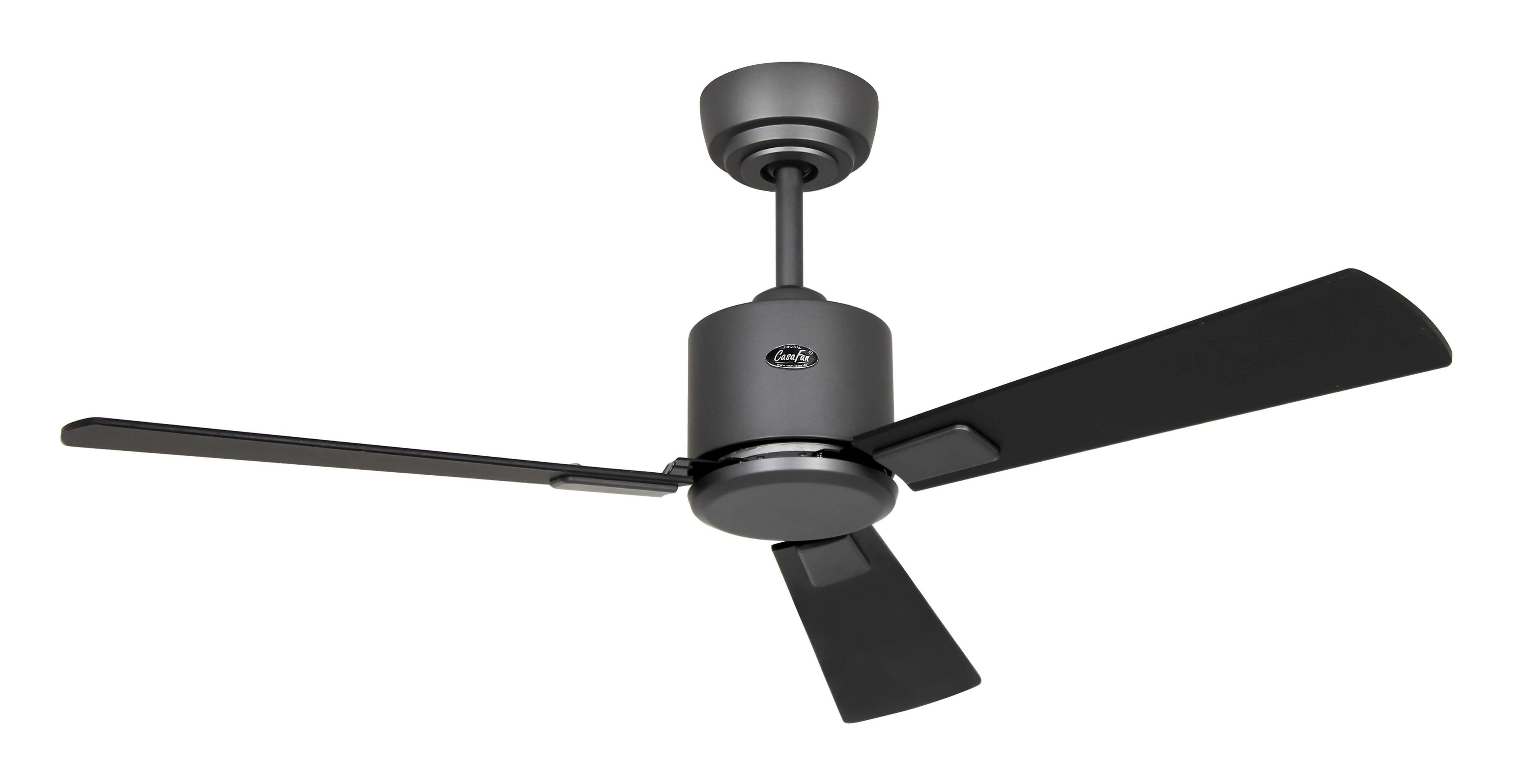 Ventilatore da soffitto nero con tre pale, su sfondo bianco.