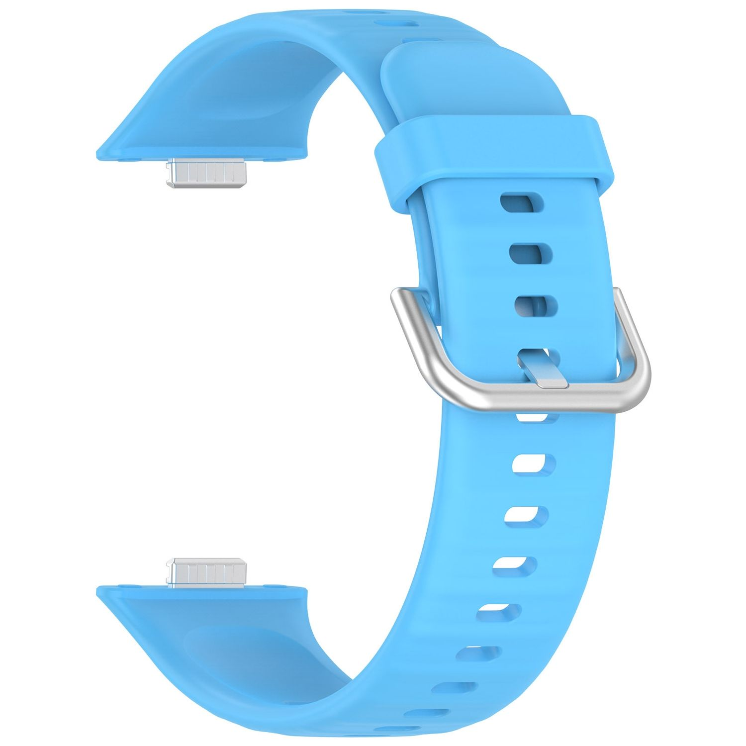 Ein hellblaues Uhrenarmband mit silberner Schnalle.
