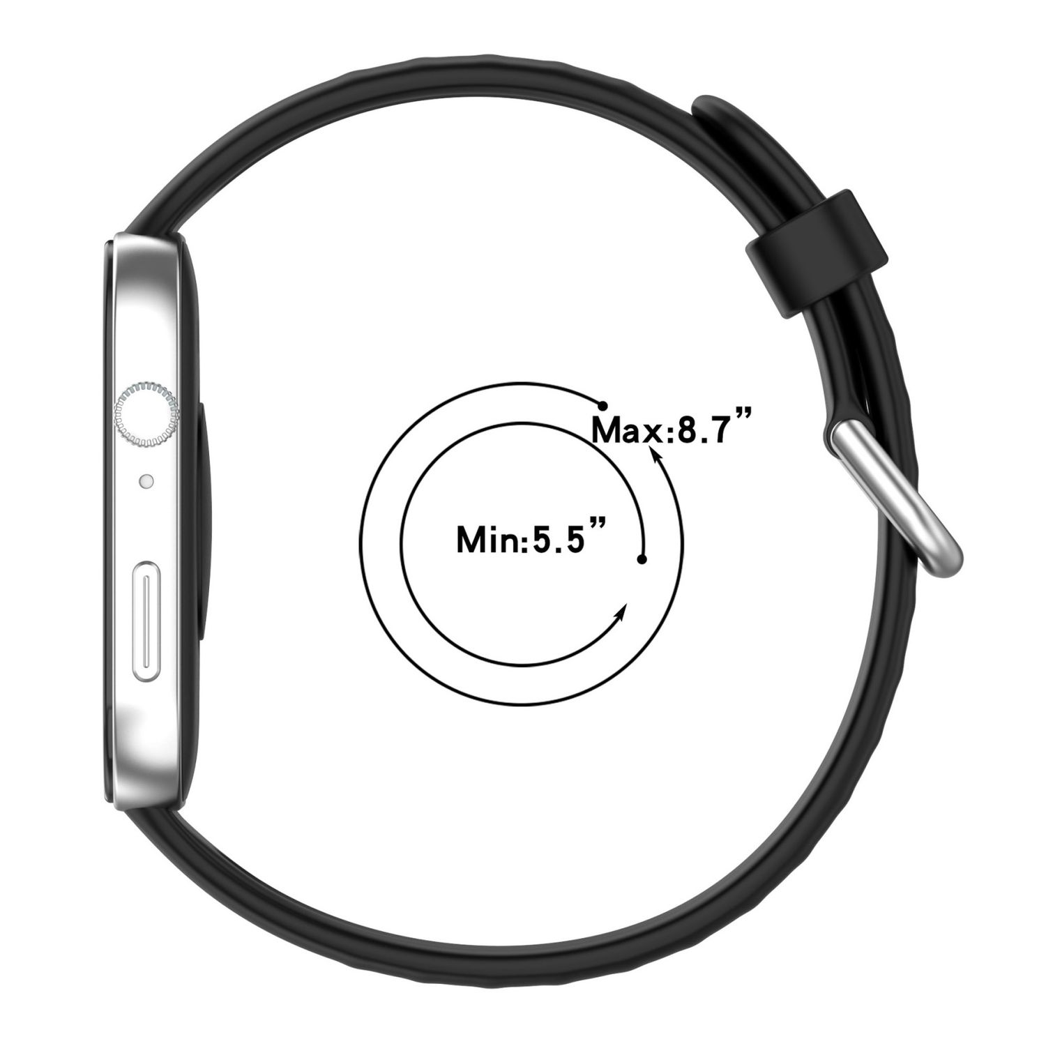 Seitenansicht einer schwarzen Smartwatch mit schwarzem Armband, mit Größenangaben.
