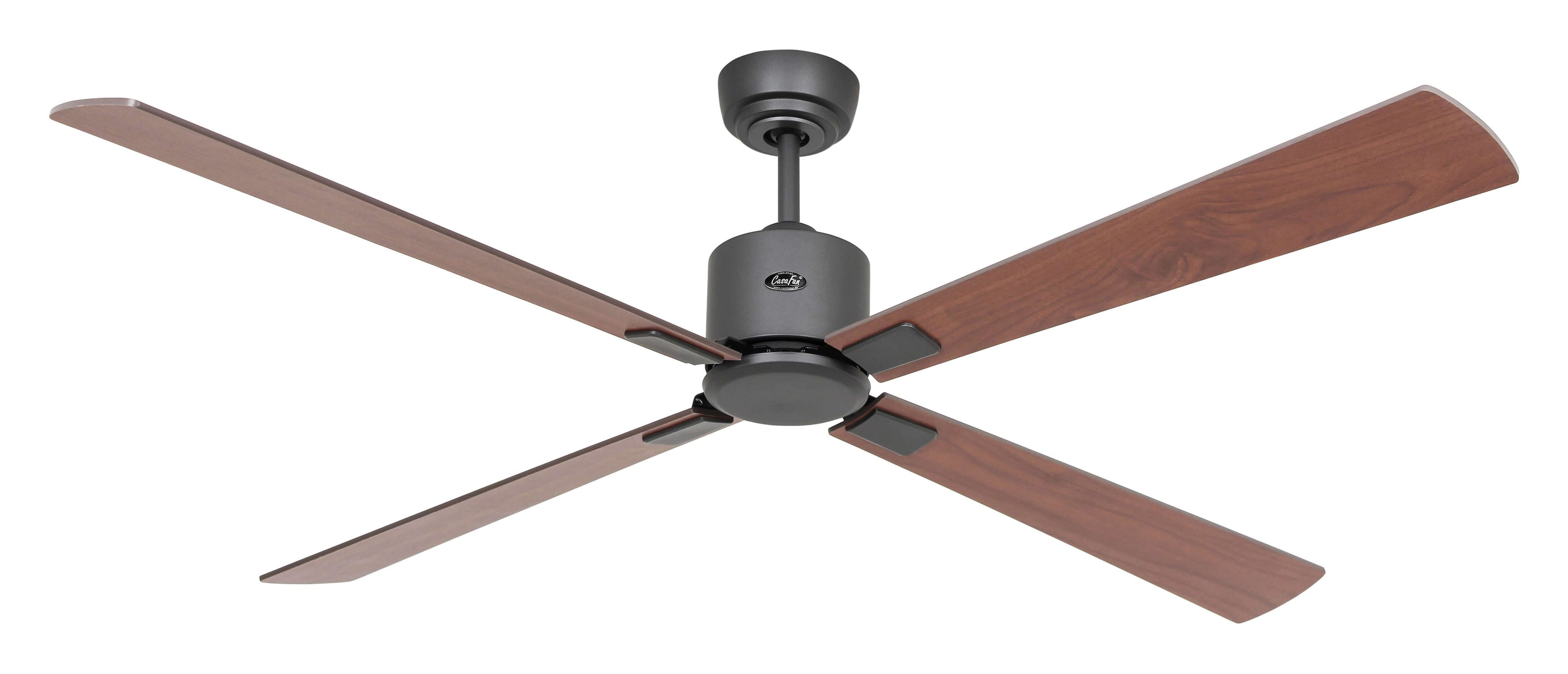 Ventilatore a soffitto con quattro pale in legno marrone. Testo: Ventilatore nero con pale in legno.
