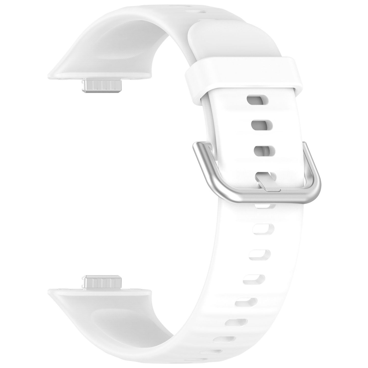 Weißes Uhrenarmband. Beinhaltet Bandteile, eine Schnalle und mehrere Löcher zur Anpassung.